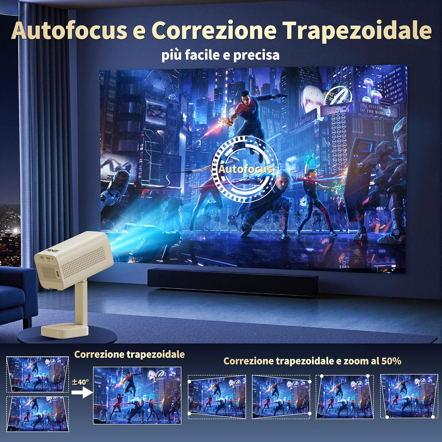 Detalle 2 de Mini Projector 4K MENIOO con WiFi 6, Bluetooth 5.4 e Autofocus Auto Keystone