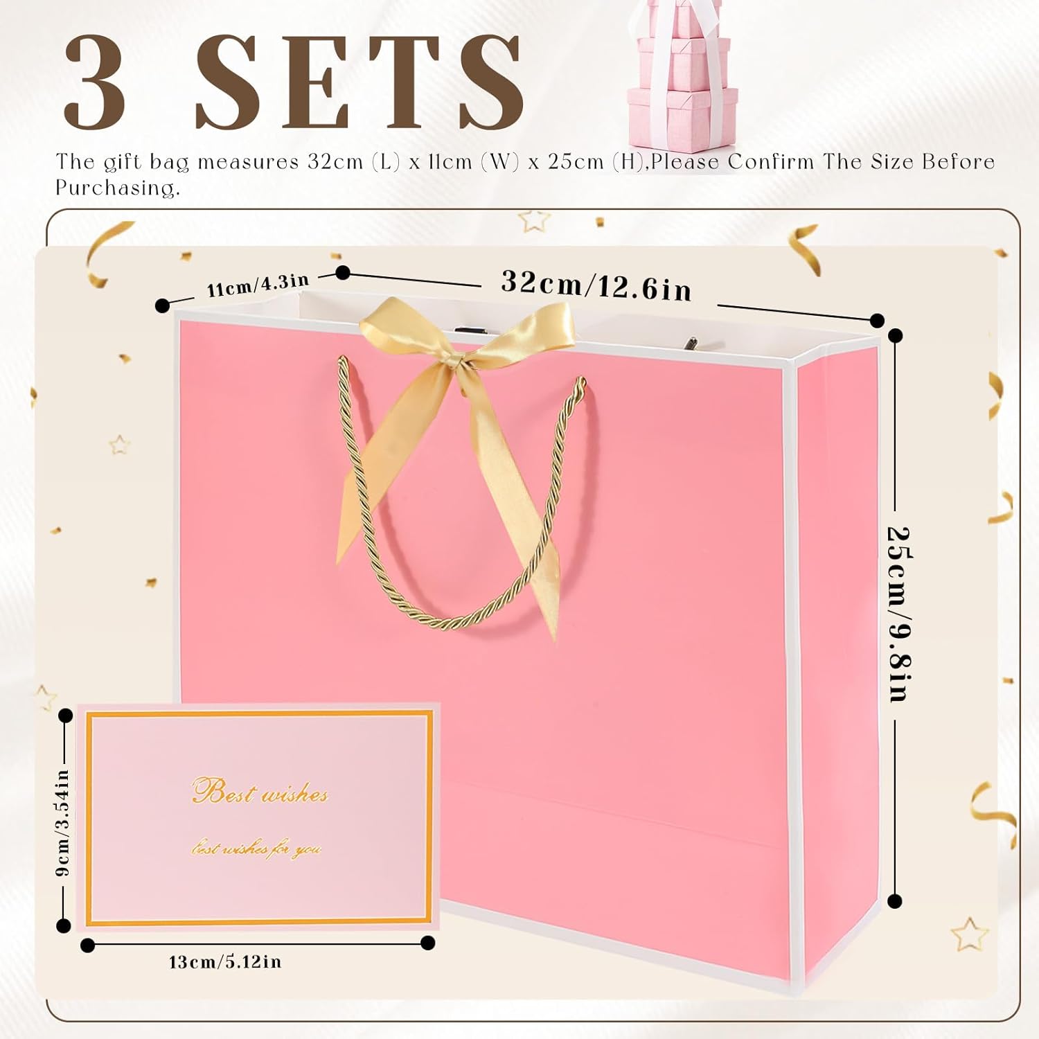 Detalle de Modixun Gift Bags 3-Piece Set: 32cm Large Gift Bags with Ribbon, Greeting Cards and Tissue Paper (Pink-White)