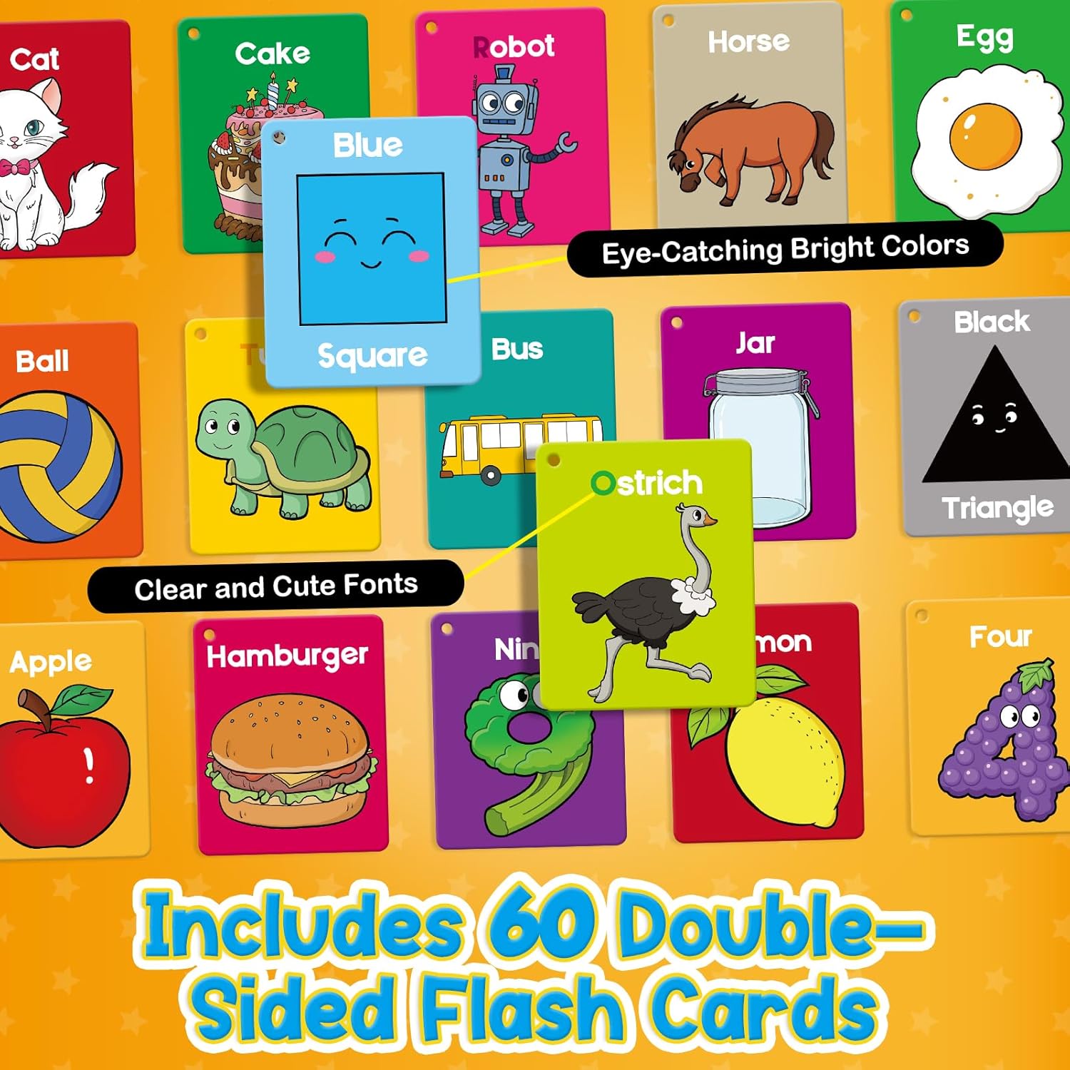 Detalle de Torlam Toddler Flash Cards (60 Double-Sided Cards) for Alphabet, Numbers, Shapes, Colors & First Words