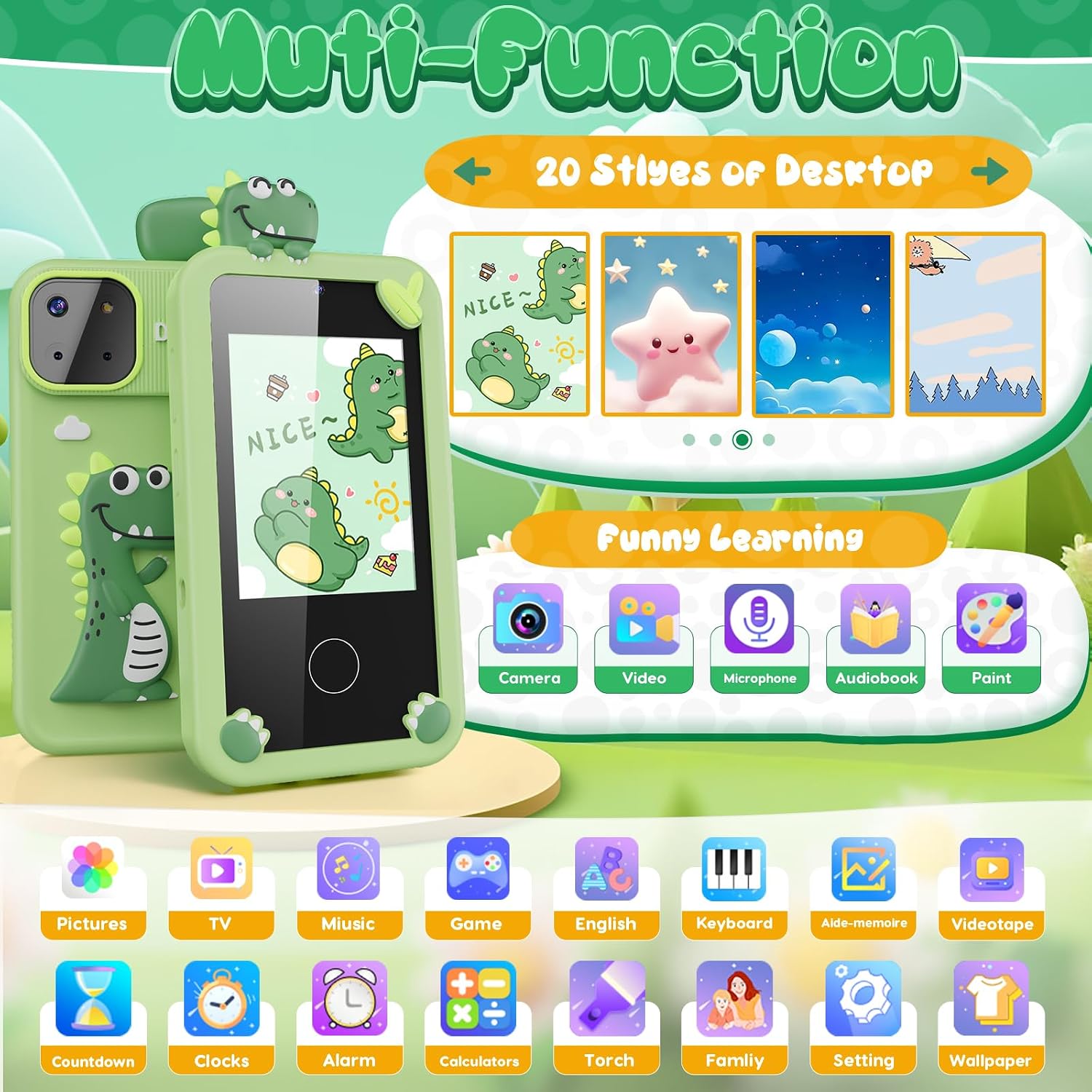 Thumbnail 1 de Luyiilo Kids Smart Phone Toy for Boys with Dinosaurs – 2.8" Touchscreen, 16 Learning Games, Dual Camera, 8GB SD Card