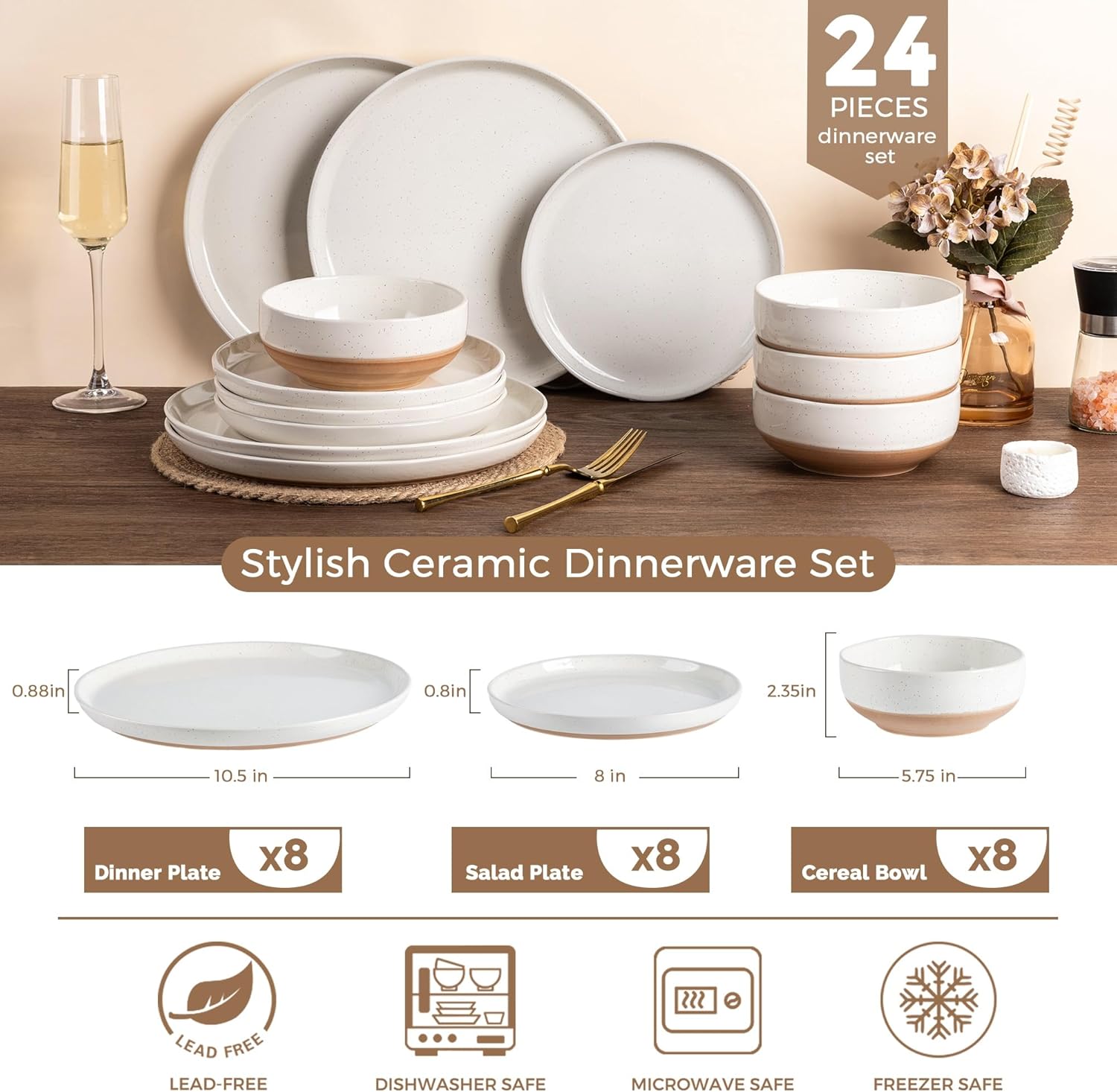 Thumbnail 2 de AmorArc Ceramic Dinnerware Set for 8 (24 Pieces) — Handpainted, Scratch-Resistant Stoneware with Rustic Terracotta Underside