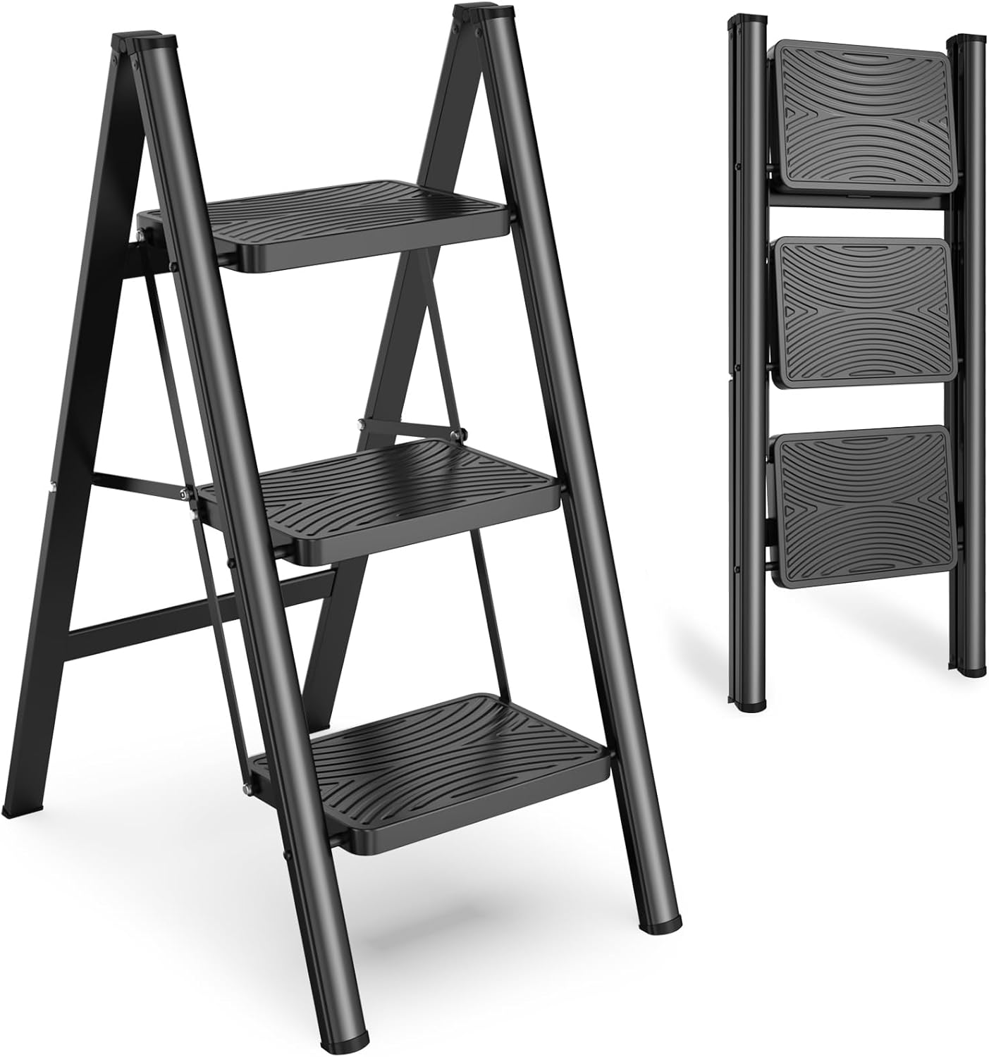 Detalle de HBTower USAZFJHR-ZL15031501 3-Step Folding Step Ladder, Anti-Slip Pedals, Black