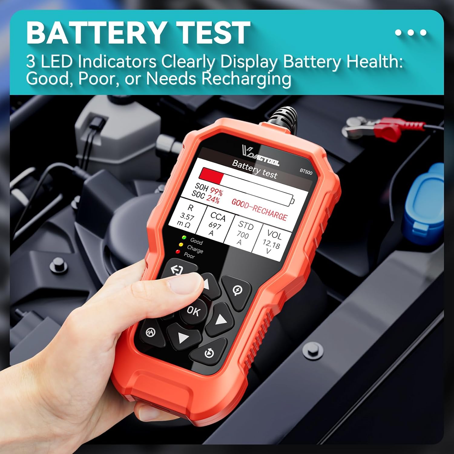 Detalle 2 de VDIAGTOOL BT500 car battery tester 5–3000 CCA