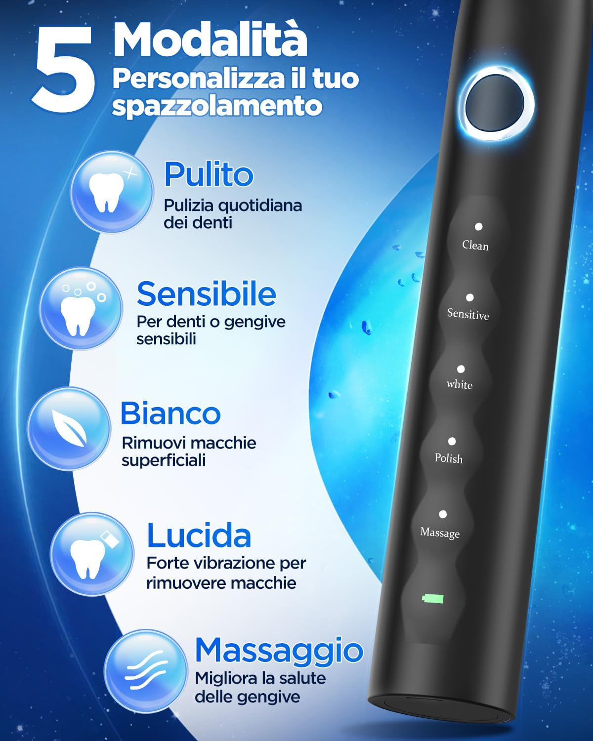 Detalle 2 de Spazzolino Elettrico Sonico Adulti con 8 Testine – 5 Modalità, Custodia da Viaggio, Autonomia fino a 120 giorni
