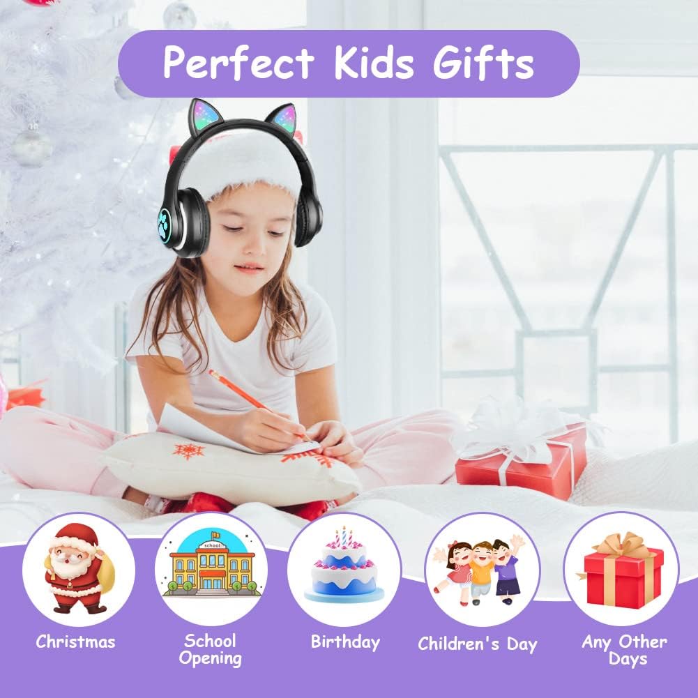 Thumbnail 6 de AXFEE Kinderkopfhörer Bluetooth mit Katzenohren, LED & Mikrofon – faltbare Over-Ear Stereo-Kopfhörer
