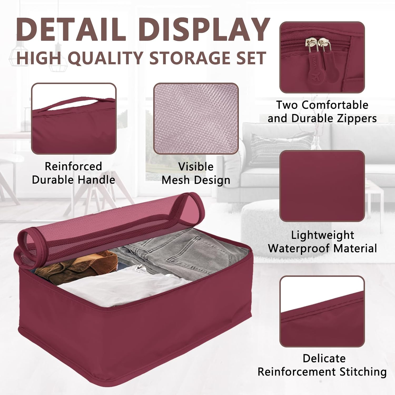 Detalle de Große Koffer Organizer Set (12-teilig) – wasserdichte Packwürfel, Travel Organizer für Gepäck, Weinrot