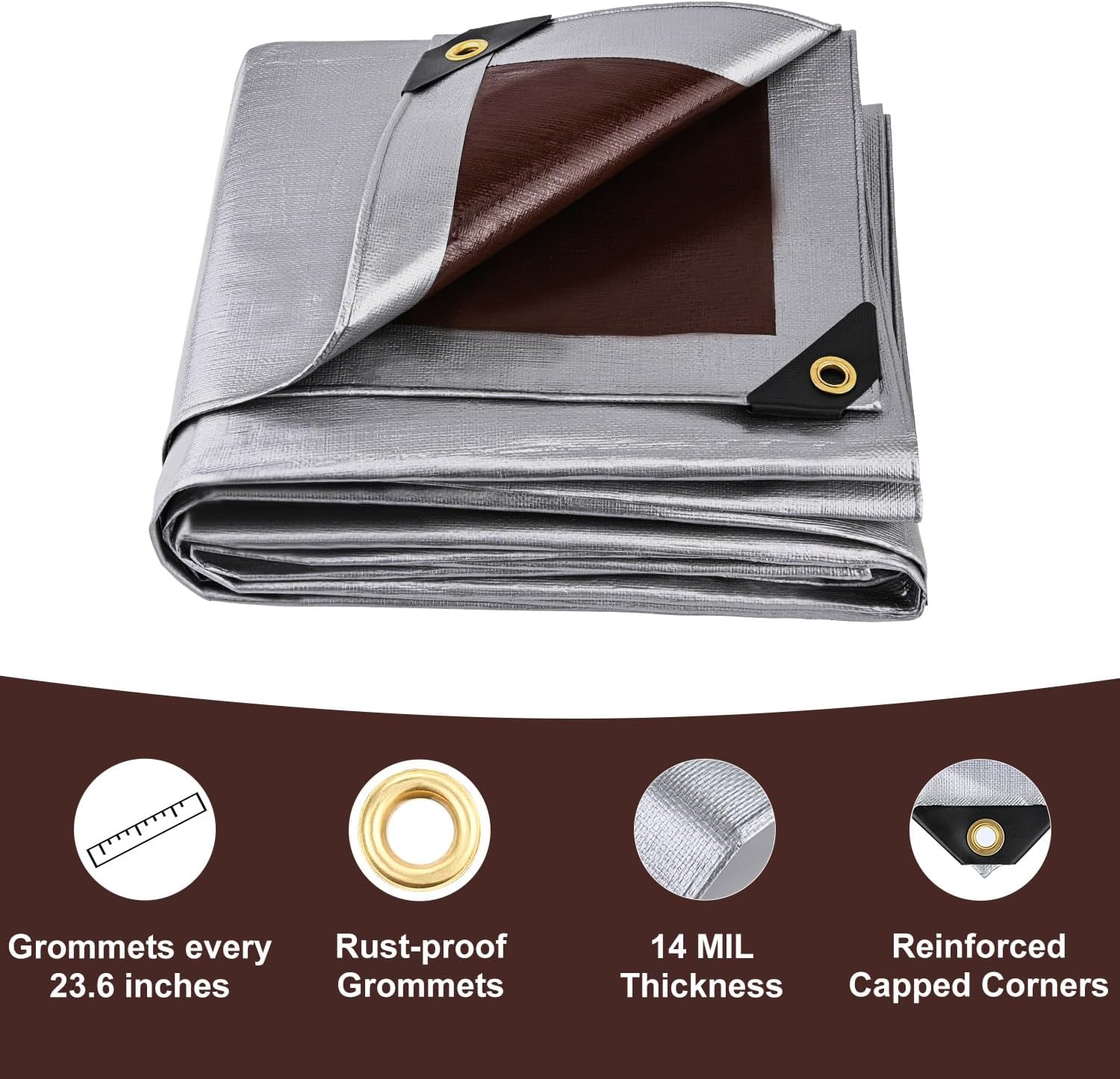Thumbnail 3 de Sunvigor 10x20Ft Waterproof Heavy Duty Tarp (14 Mil) with Grommets, Silver/Brown