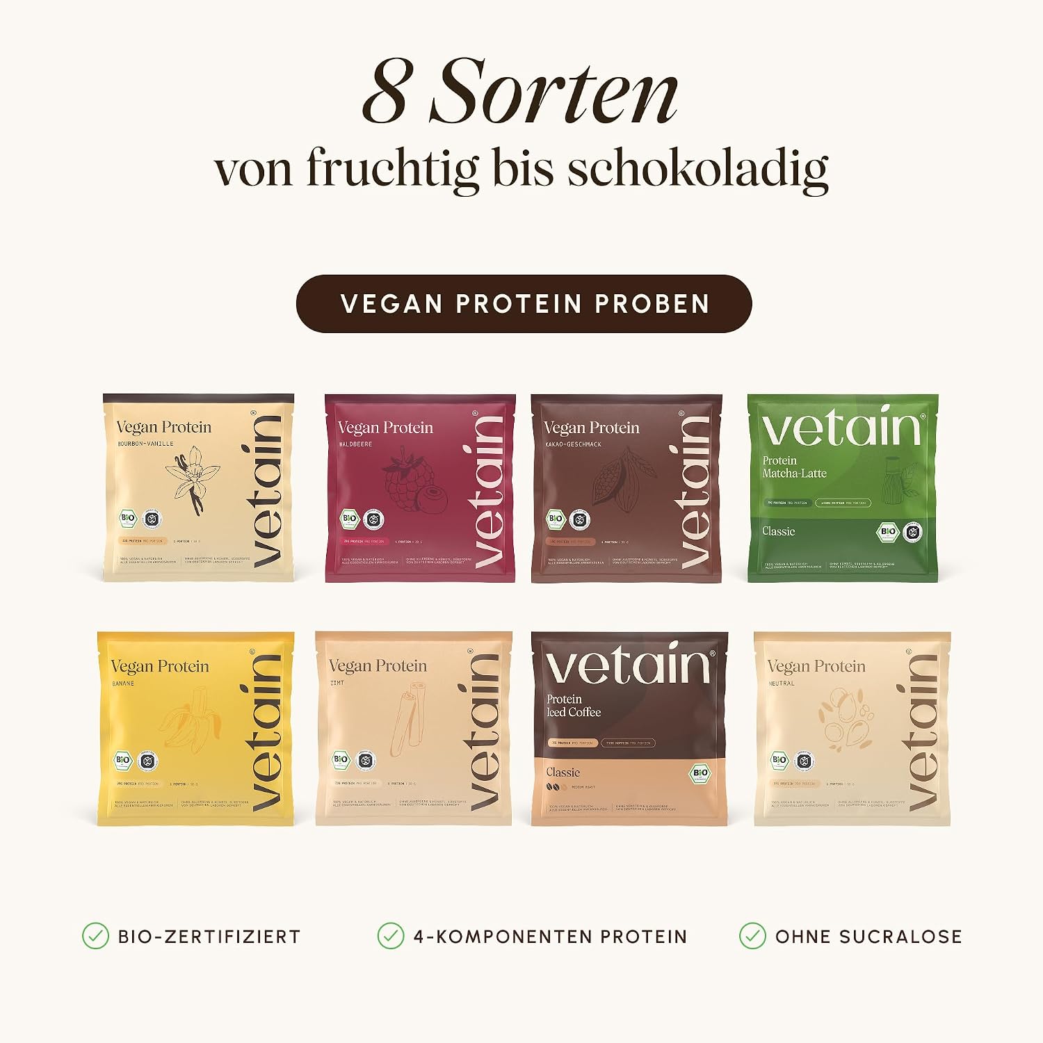 Detalle de VETAIN Protein Probierpaket + Gratis Shaker – 8 vegane Proteinpulver, 2 Crispy Riegel und Shaker