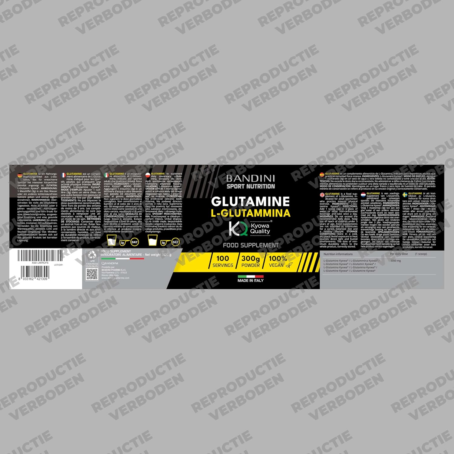 Detalle 1 de BANDINI L-Glutamine Kyowa-poeder, 300 g, vegan