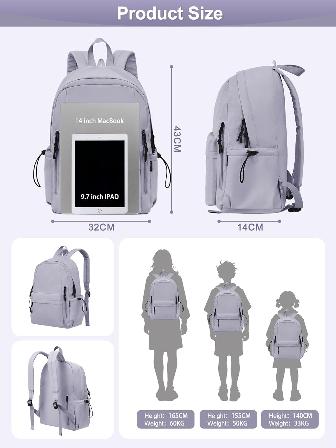 Thumbnail 3 de Fioretto FIORETTO Backpack for Women and Teens – Lightweight 20L School Bag with Laptop Compartment and Rain Cover