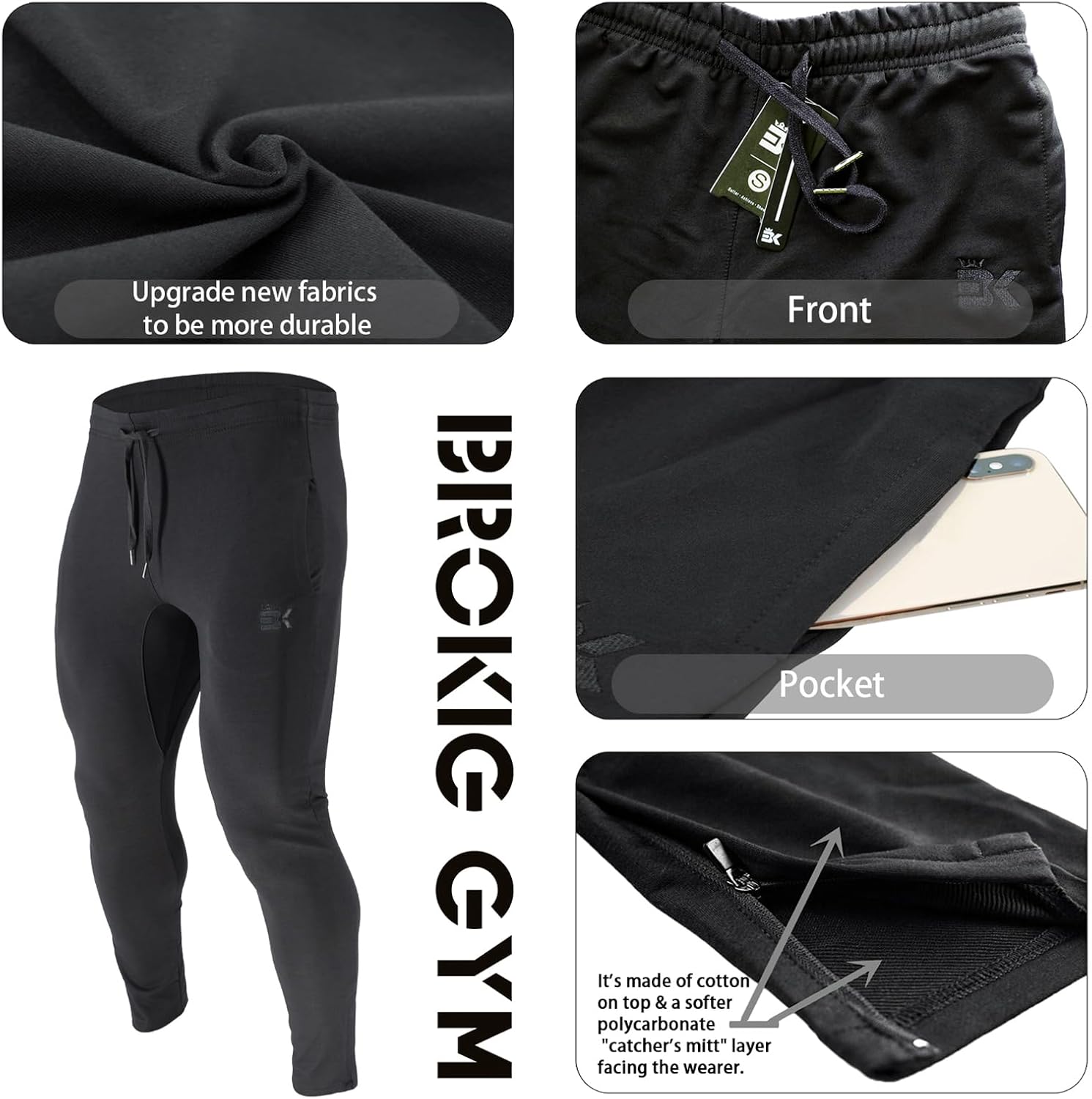 Thumbnail 4 de BROKIG Mens Zip Gym Joggers: Slim Fit Midweight Track Bottoms for Running and Training