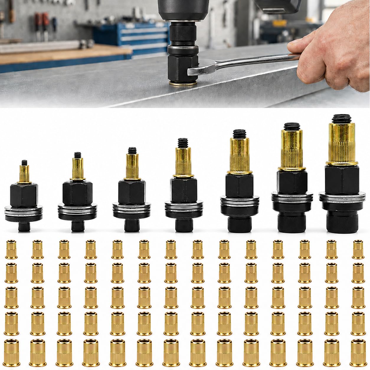 Detalle de KNUKPE 77-Piece Rivet Nut Tool Kit, M3–M12, Carbon Steel Mandrels