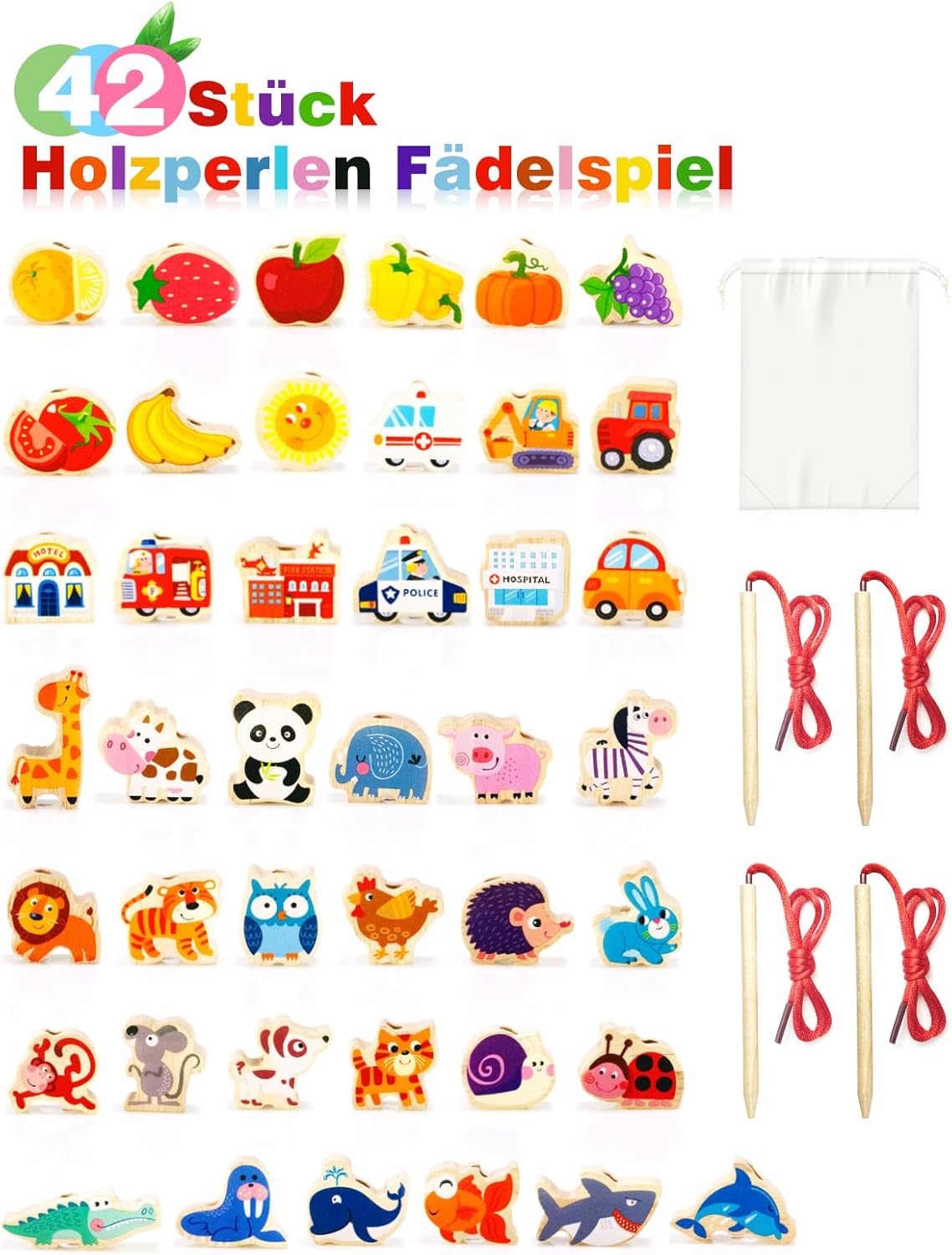 Detalle 2 de DealKits Fädelspiel ab 2 Jahren – Montessori Lernspielzeug aus Holz, 42 Perlen inkl. 4 Themenwelten