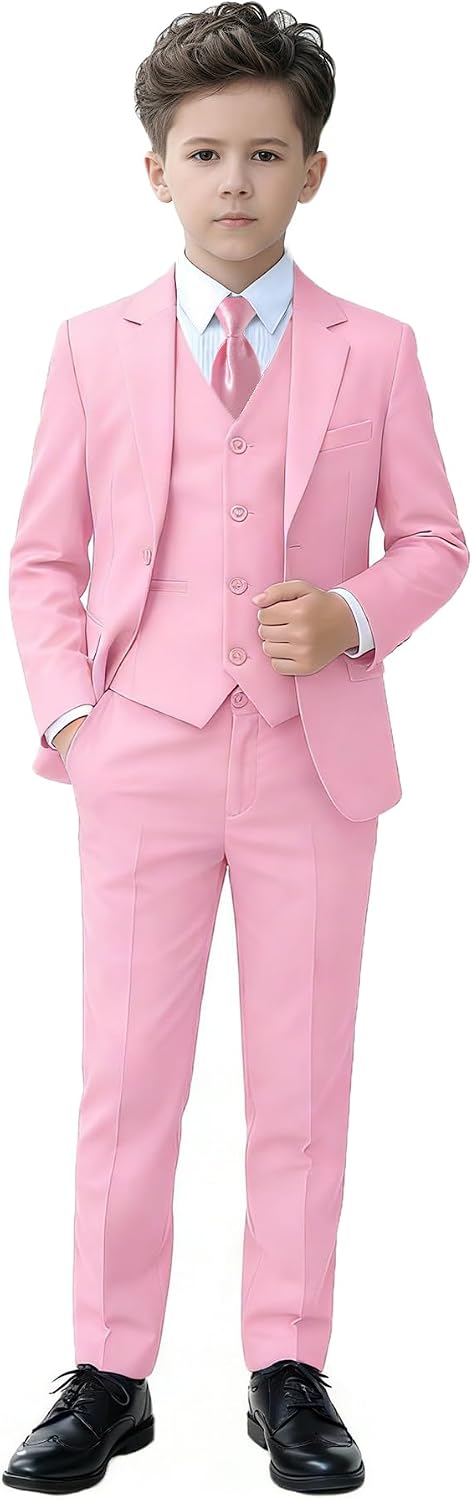 Detalle de YuanLu Boys' Light Pink Slim-Fit Suit Set, Adjustable Waist, Ring Bearer