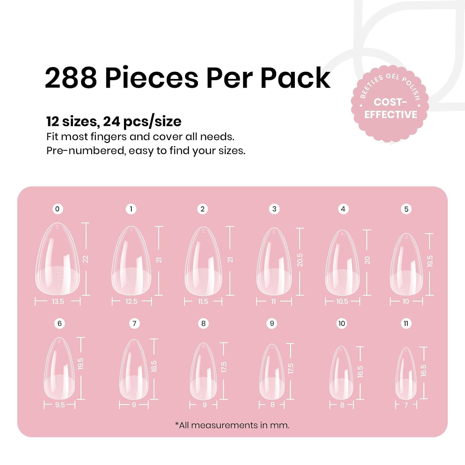 Detalle de Beetles Soft Gel Nail Tips Short Almond 288pcs (12 Sizes) — Etch-X Pre-Etched Full Cover Fake Nails for DIY