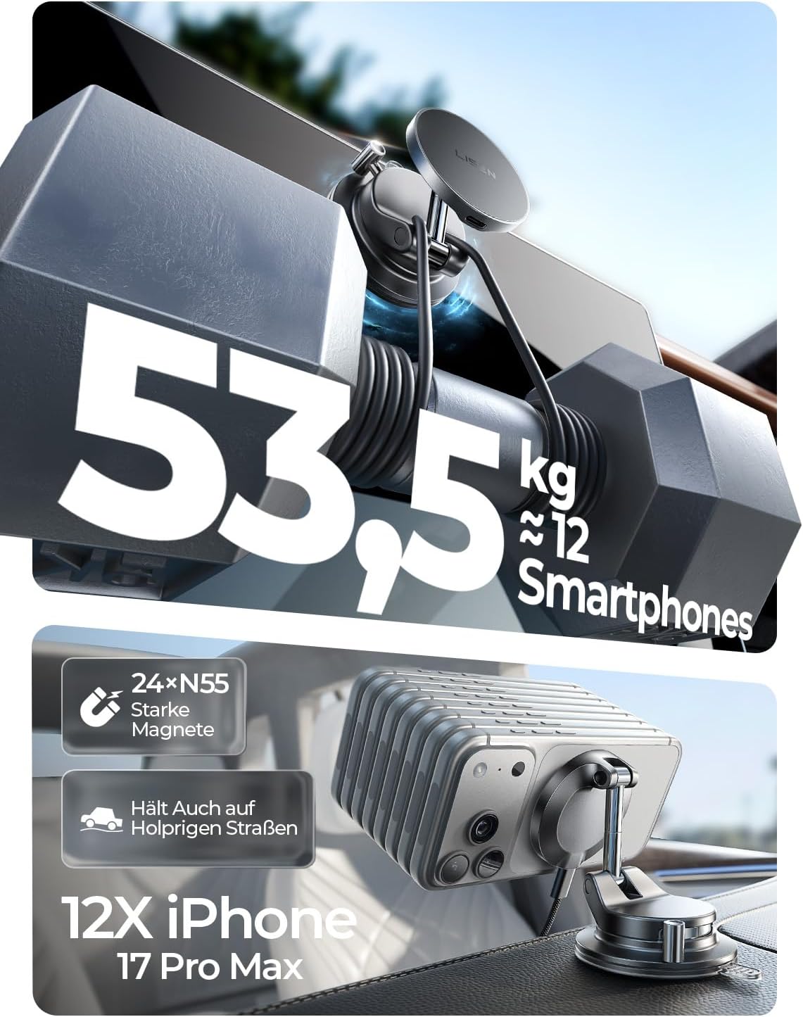 Thumbnail 6 de LISEN Handyhalterung Auto mit Ladefunktion – MagSafe Halterung mit Vakuumbasis, Qi2.2 25W & 24 N52 Magnete