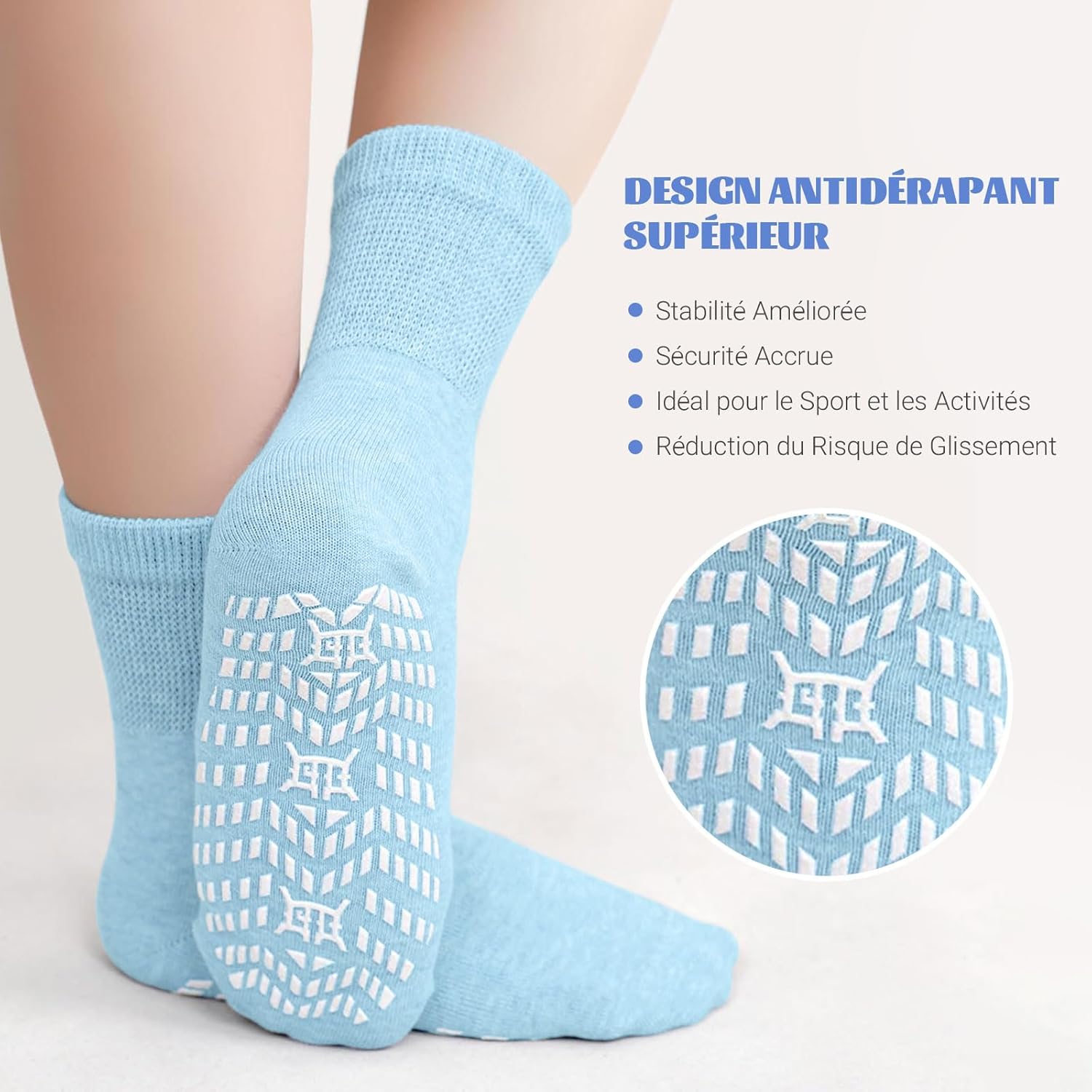 Detalle 2 de PUTUO Chaussettes Antidérapantes pour Femme – 5 Paires en coton, revers élastique, antidérapantes