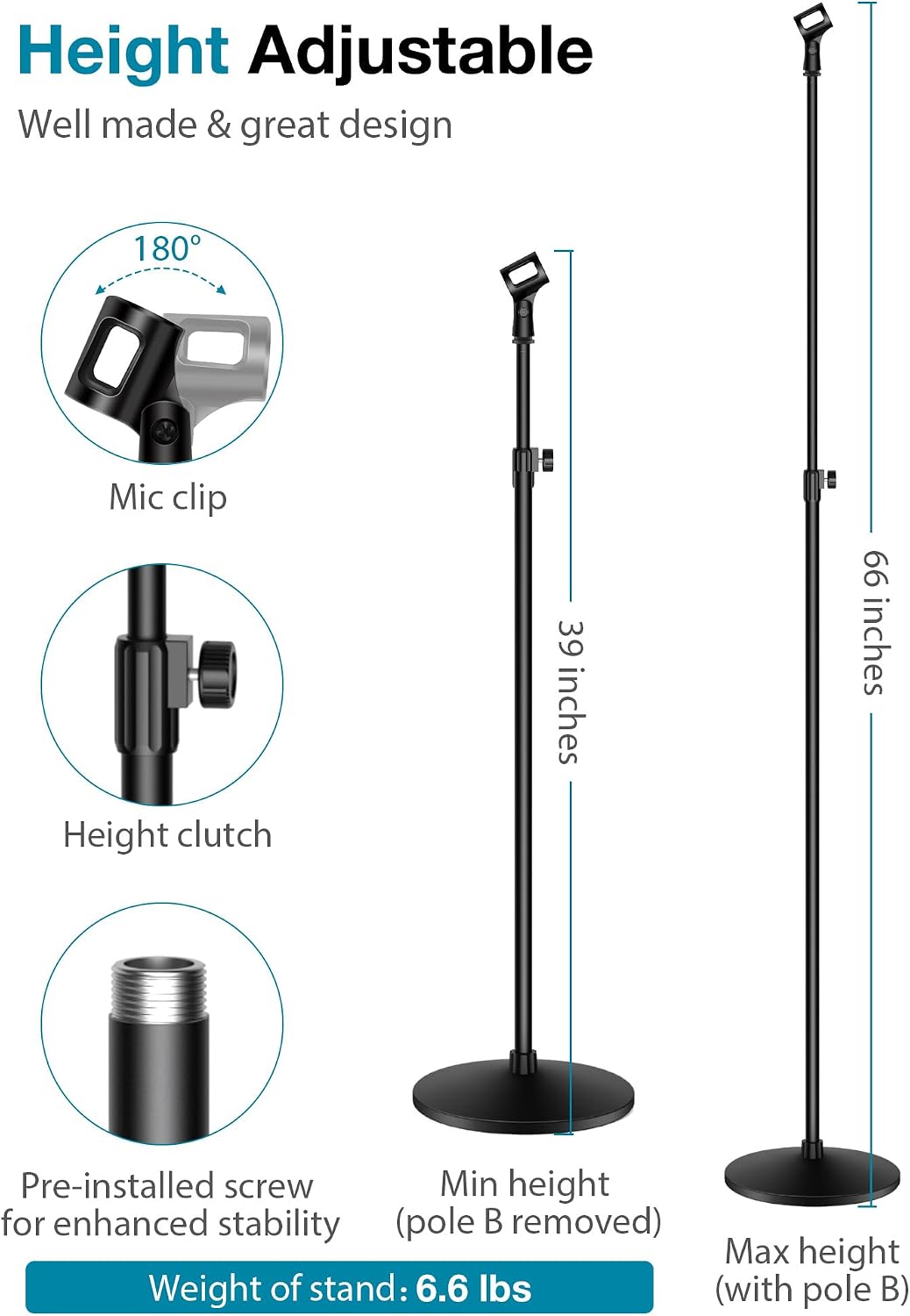 Thumbnail 2 de InnoGear Floor Microphone Stand, 66-Inch