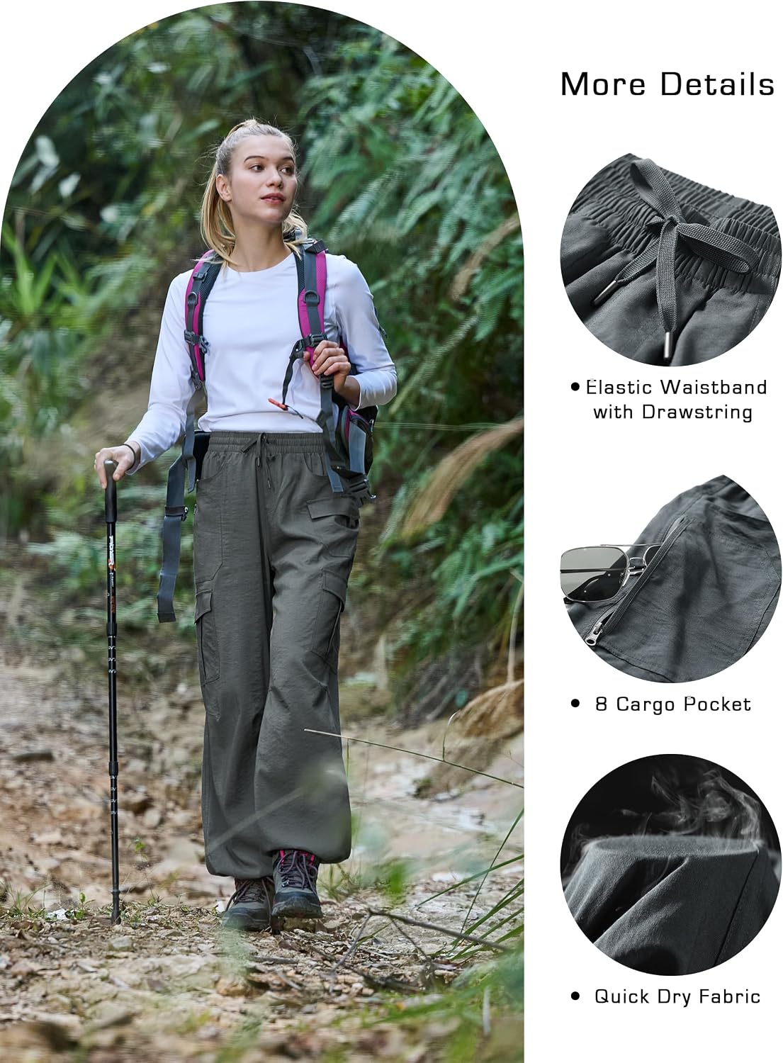 Detalle de KPSUN Women's Quick-Dry Cargo Hiking Pants, 8 Pockets, Adjustable Cuffs
