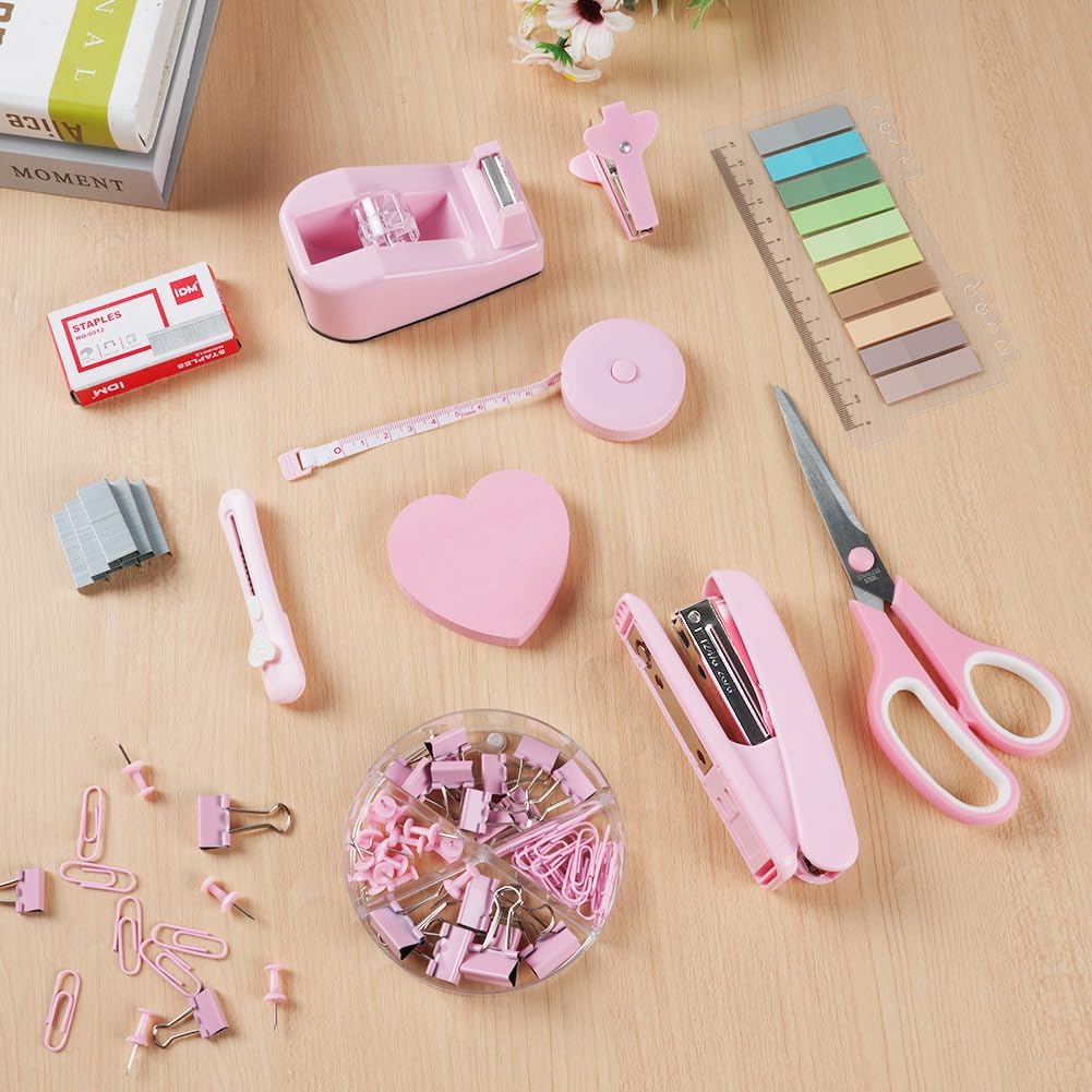 Detalle 2 de OFFCUP roze bureauaccessoireset met nietjes, plaknotities en meetlint