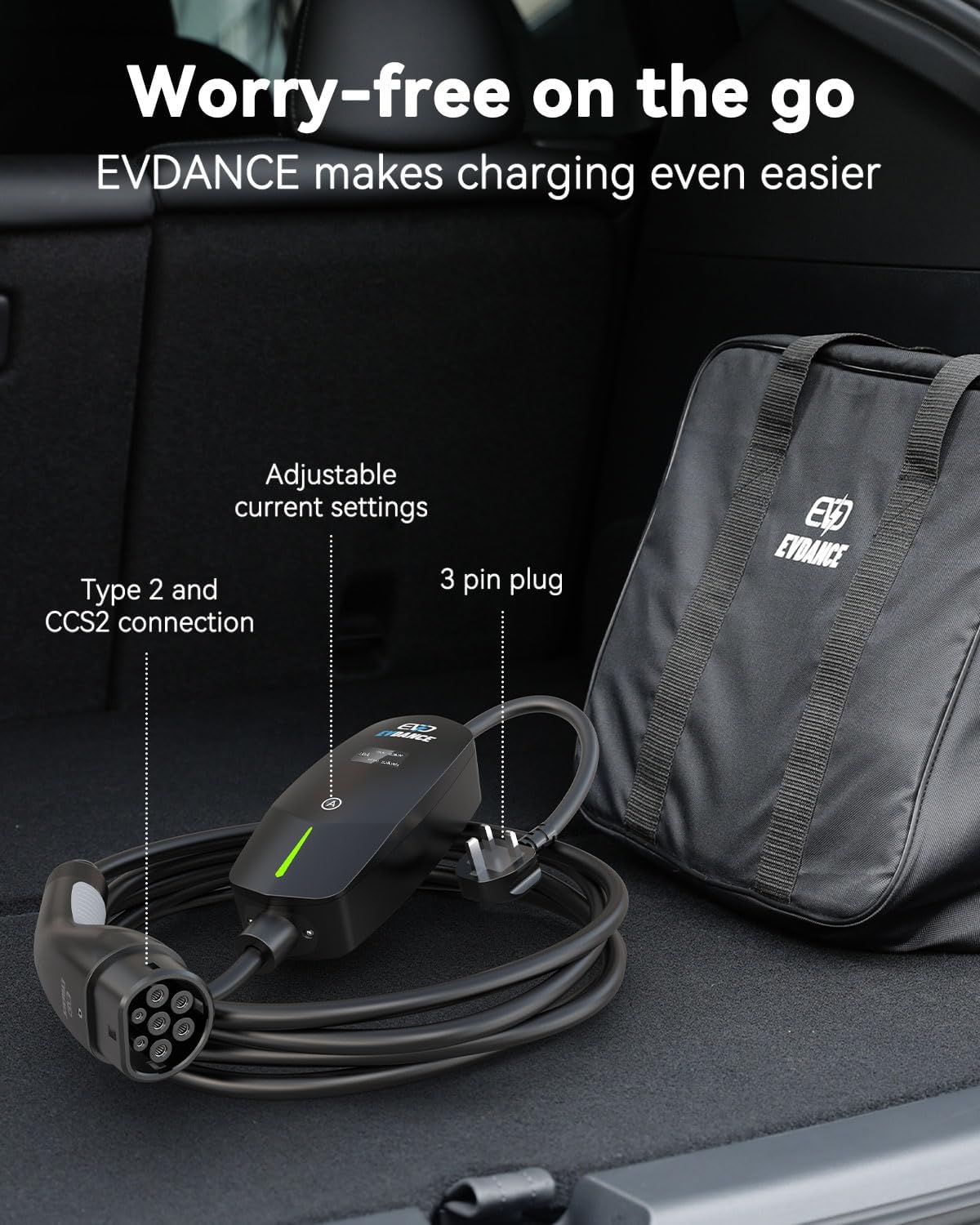 Detalle de EVDANCE 10m UK 3 Pin to Type 2 EV Charging Cable – IP66, 10A Max, for Home and Travel