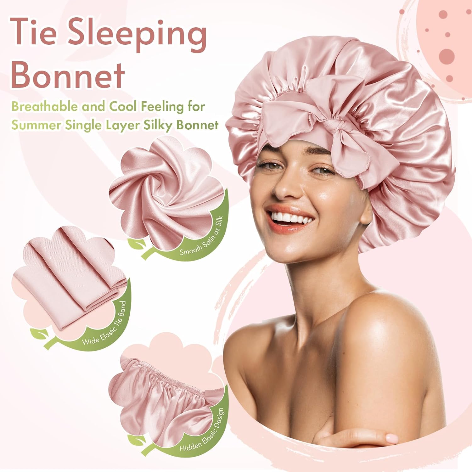 Thumbnail 2 de BONNET QUEEN Silk Bonnet for Sleeping Women – Satin Sleep Cap with Adjustable Tie Band, Cream Pink