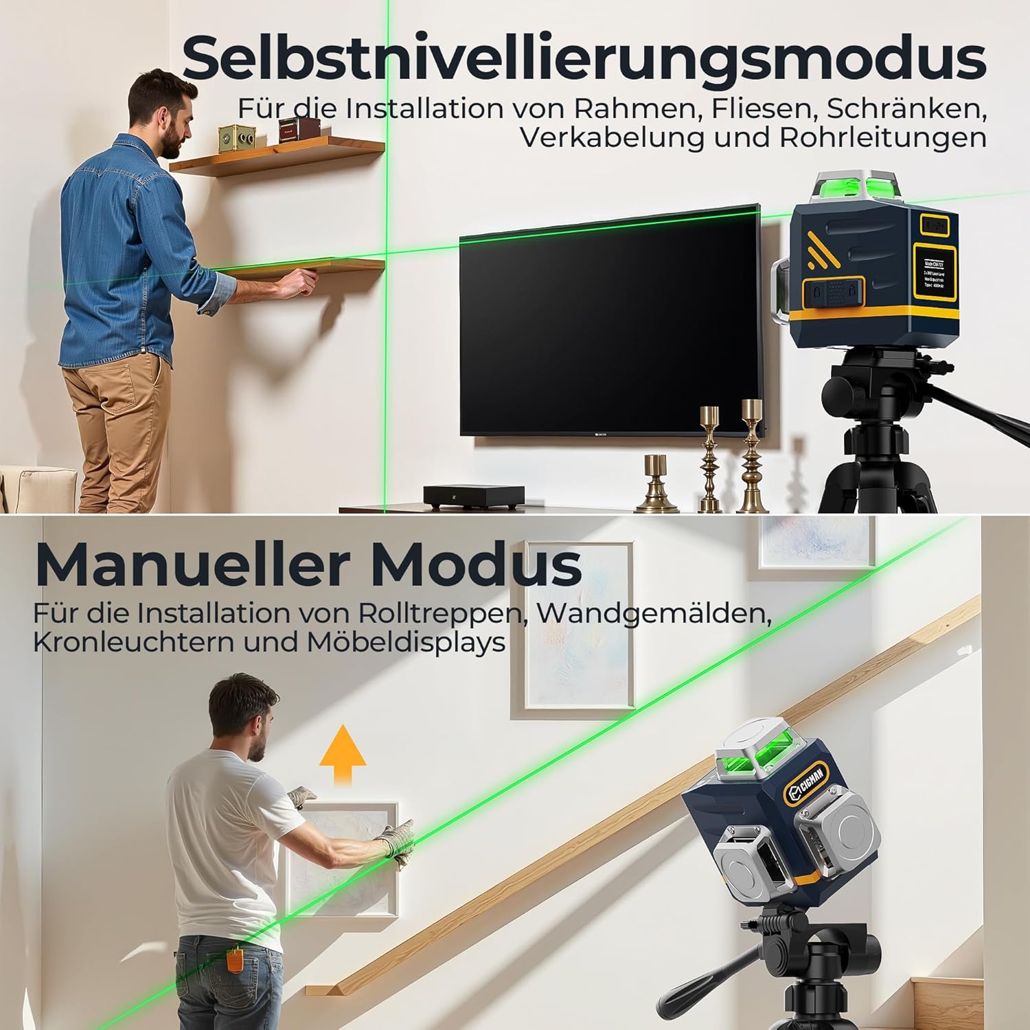 Thumbnail 4 de CIGMAN Kreuzlinienlaser CM-701 (3x360° Grün) mit Selbstnivellierung, Fernbedienung und USB-Laden