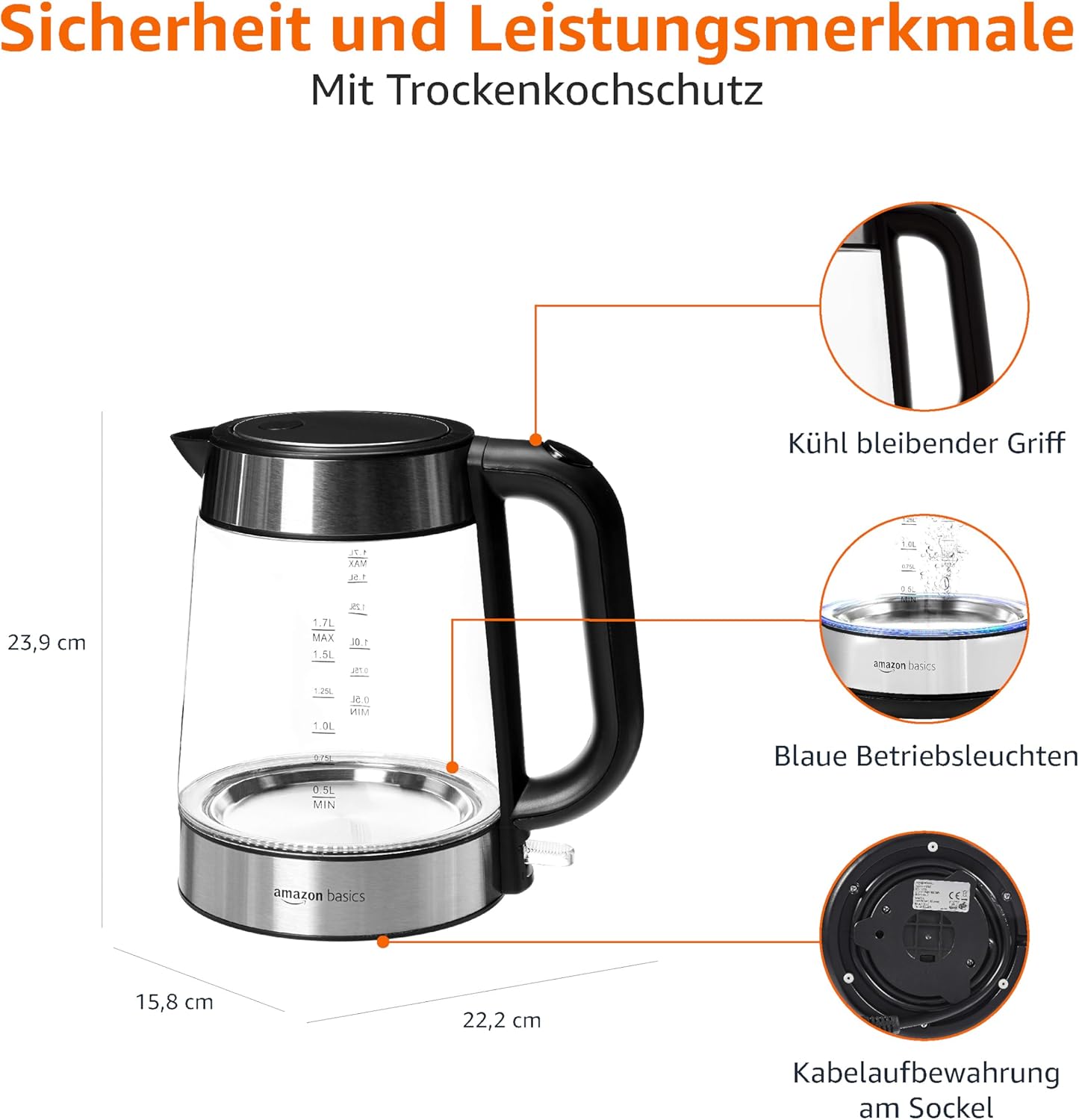 Detalle de Amazon Basics Elektrischer Wasserkocher aus Glas, 1,7 l, 2200 W – zuverlässig und flexibel