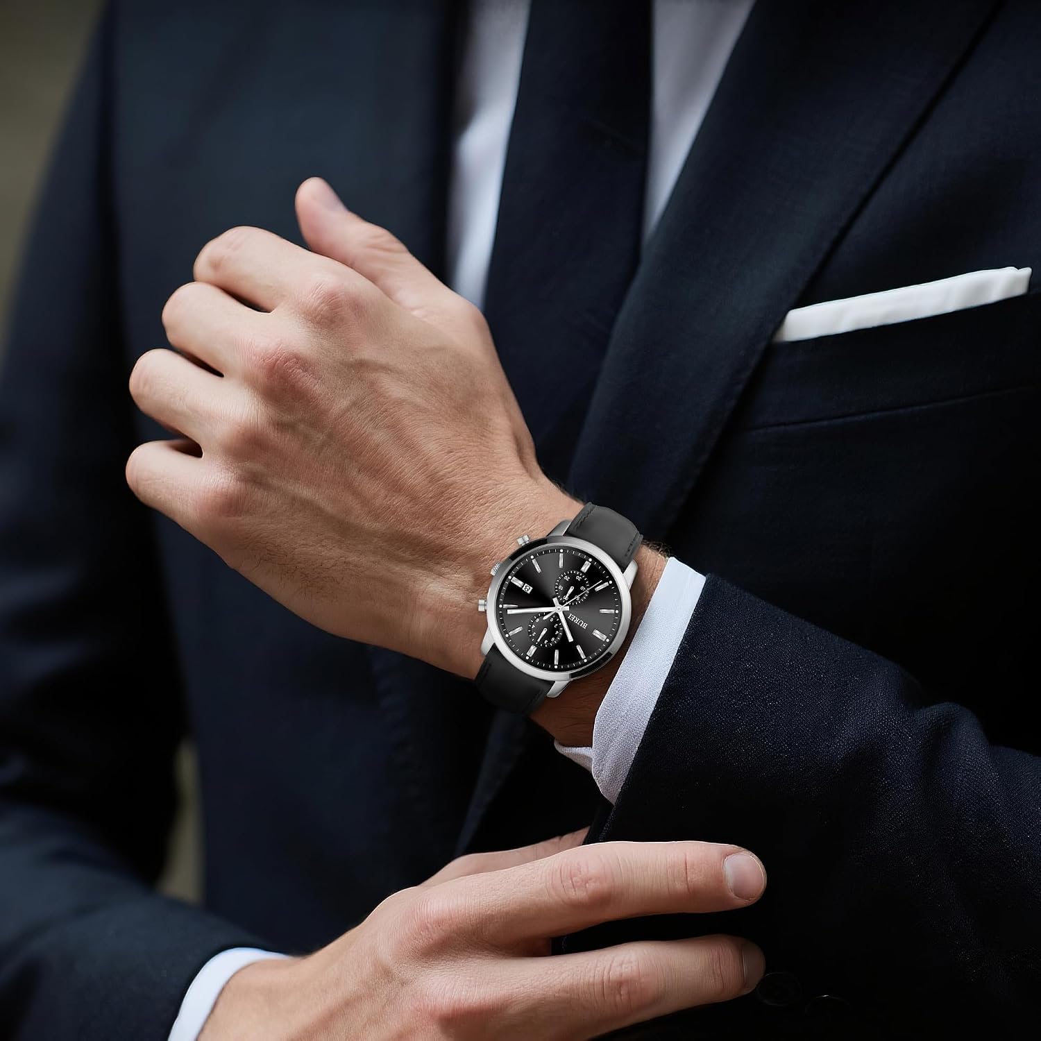 Thumbnail 6 de BUREI Herren Chronograph Uhr Blau Leder