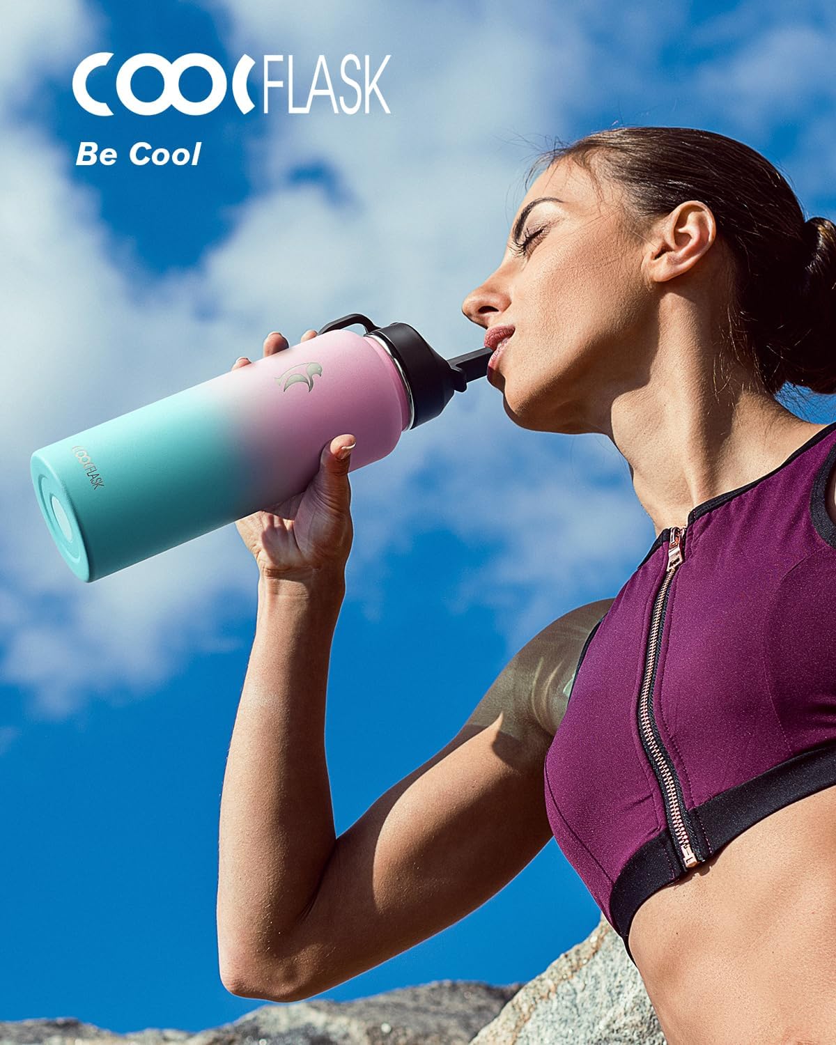 Detalle 2 de Coolflask 1180 ml : bouteille isotherme en métal avec paille et 3 couvercles (bubble gum)