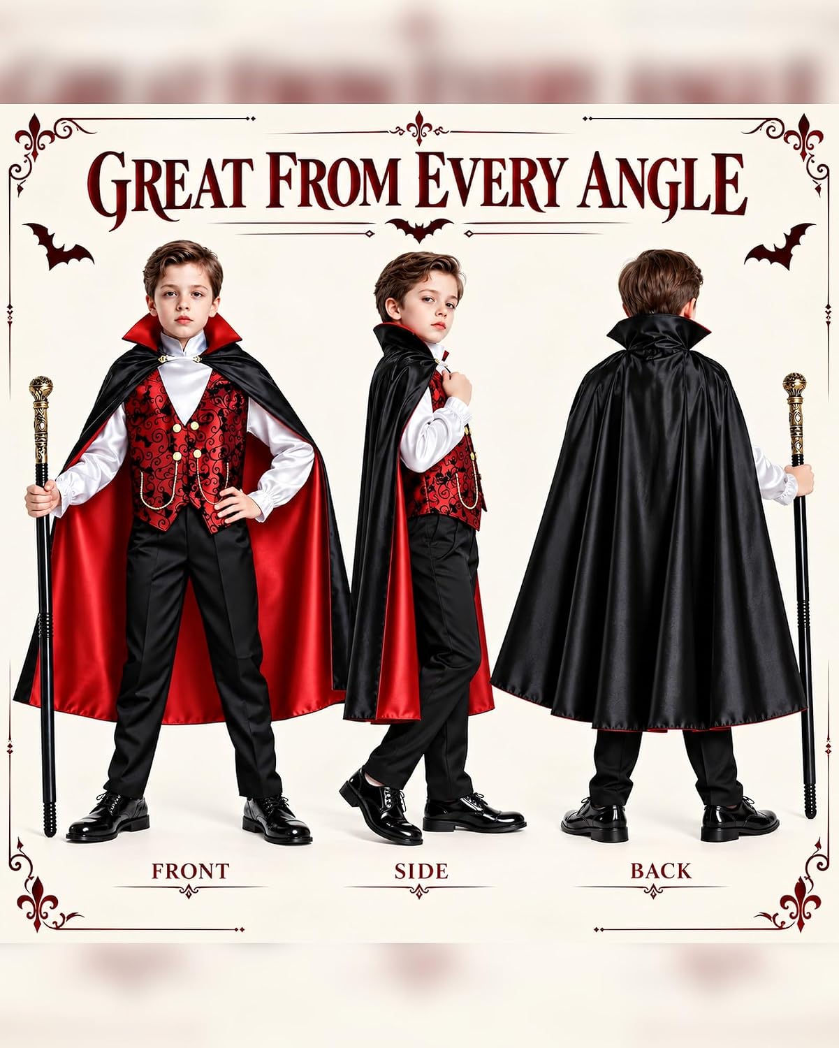Thumbnail 3 de BLmukce Boys Vampire Costume Set with Cape, Shirt, Pants and Cane