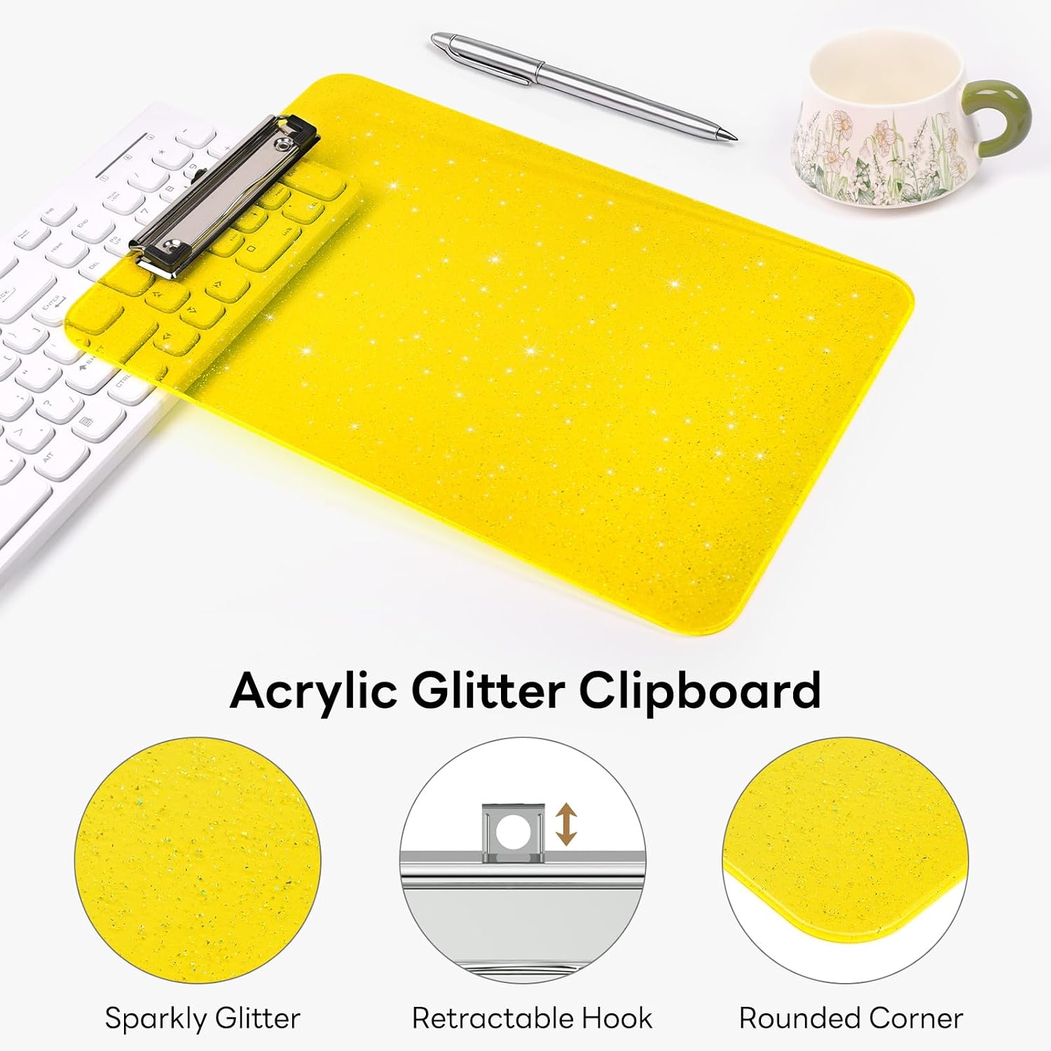 Detalle de Zoenley Yellow Glitter Clipboard for Letter and A4 Sheets, 80-Sheet Clip