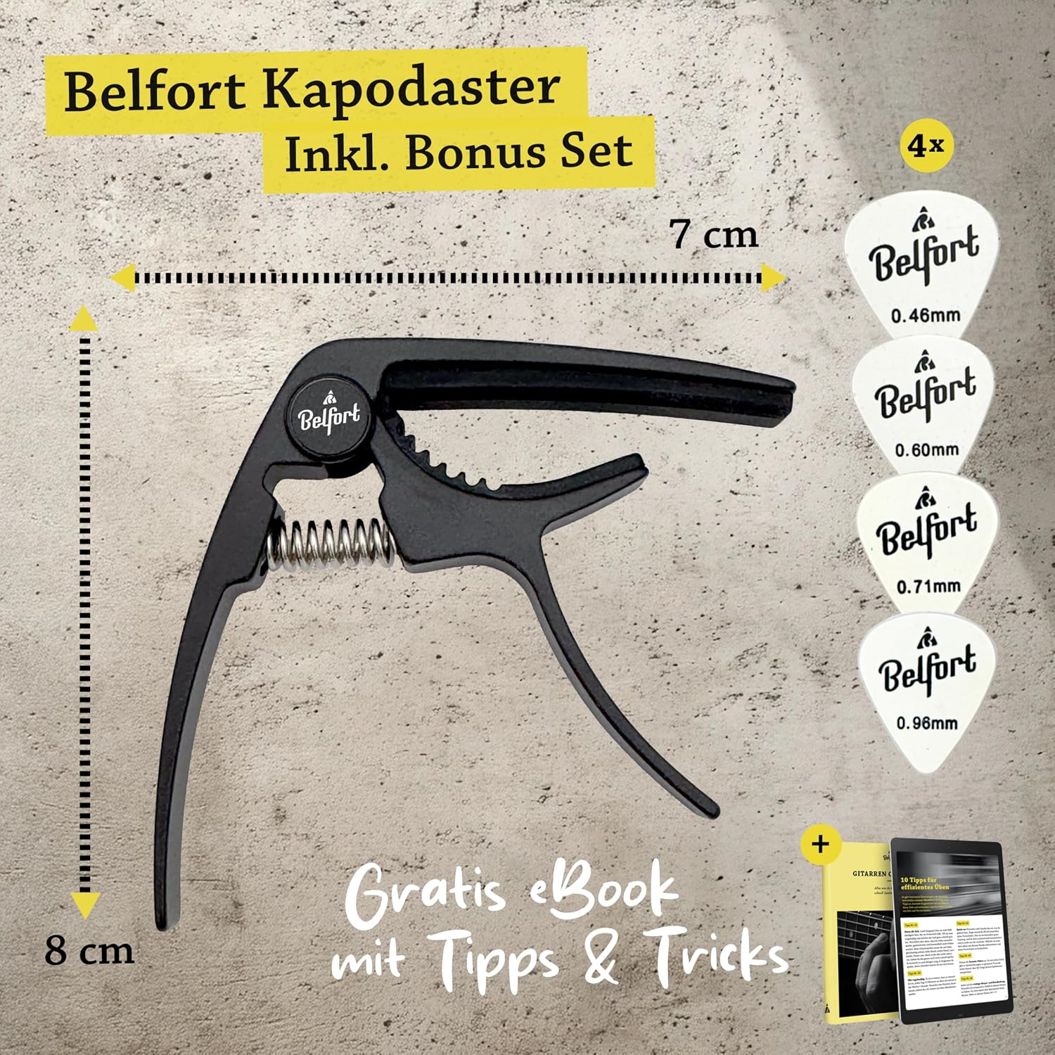 Detalle de BELFORT QuickPitch Capo – Kapodaster für Gitarre + 3 Plektren