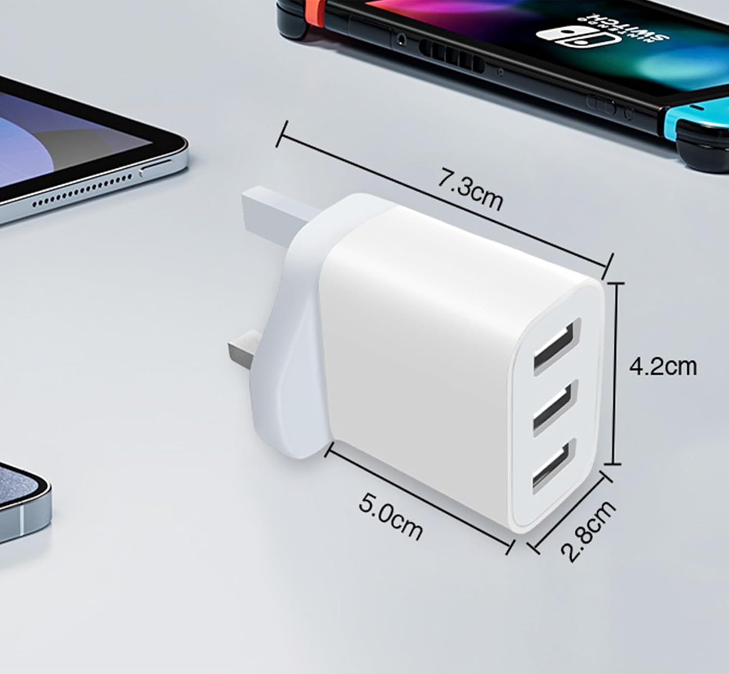Detalle 2 de 3 Pack UK Plug USB Wall Charger with 3 Ports (White-3P) – Multi-Device Fast Charging Adapter