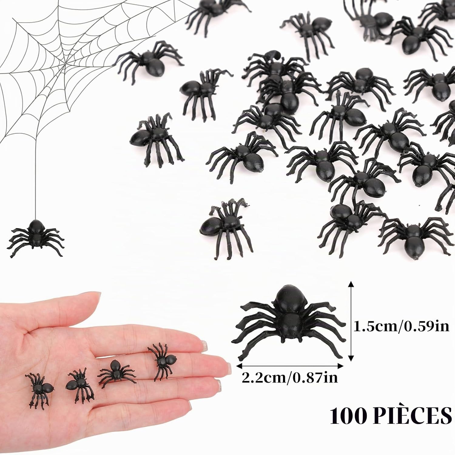 Detalle de Bravien Bravien-BZ Halloween-decoratieset met 100 zwarte kunststofspinnen