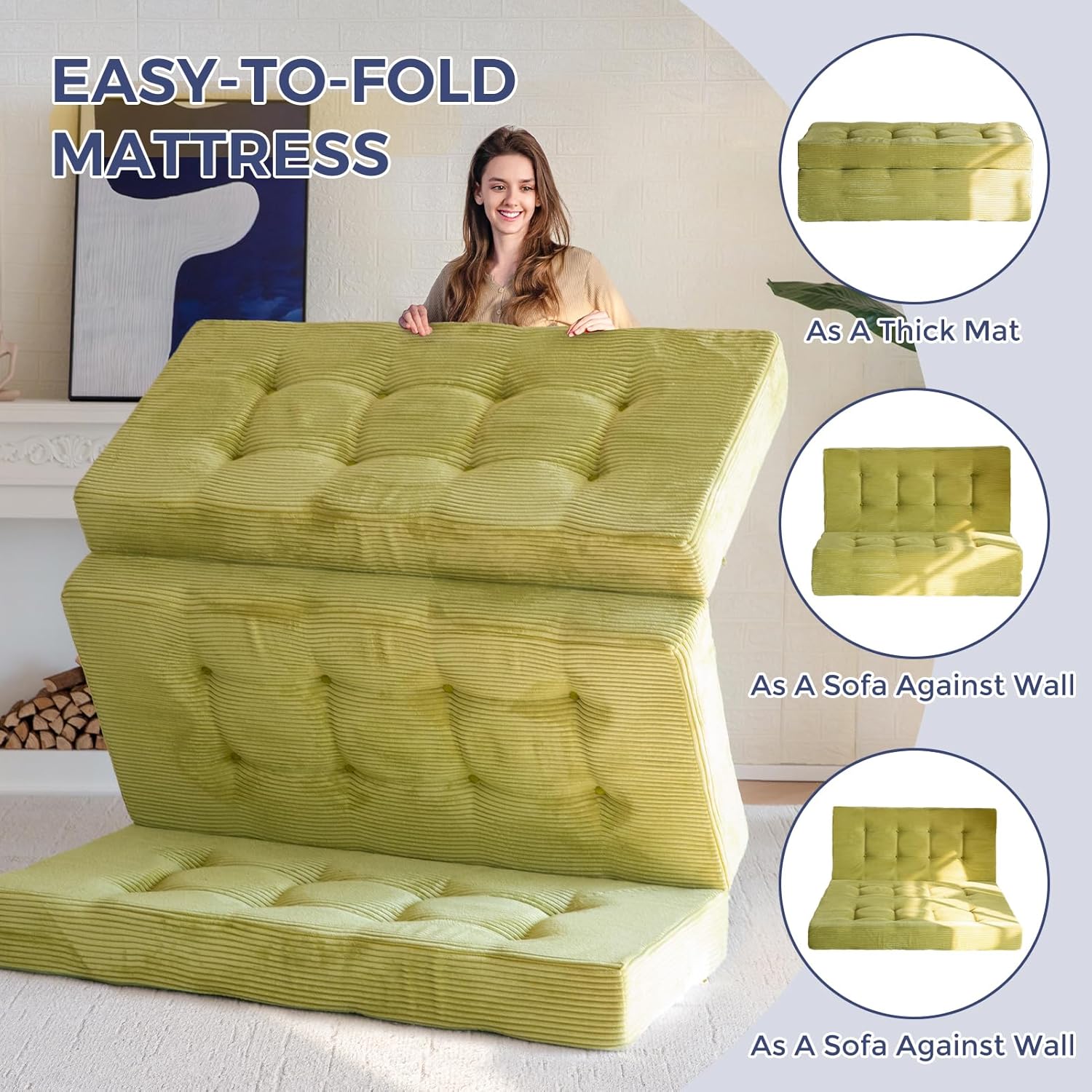 Thumbnail 4 de MAXYOYO Folding Mattress: Comfy Corduroy Tri-Fold 15cm Foam, Double