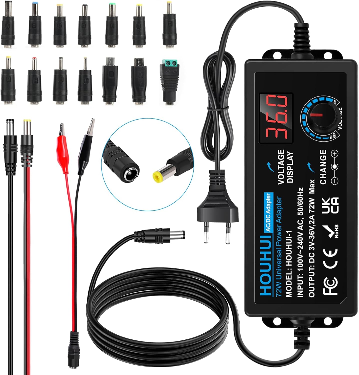 Detalle de Adattatore di alimentazione regolabile DC 3V–36V 72W con 14 spunte: versatilità e protezione per elettronica domestica