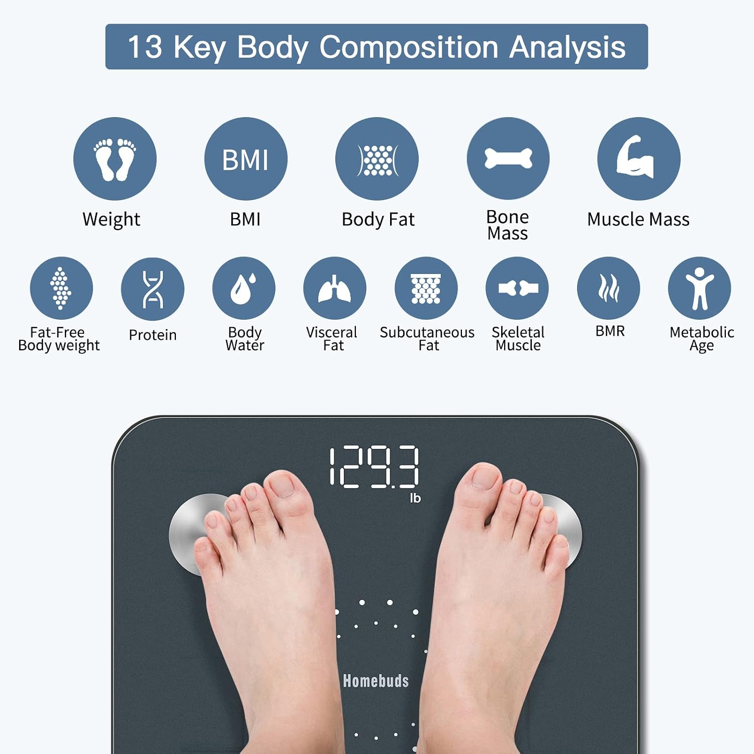 Detalle de HOMEBUDS HB902 Smart Bathroom Scale, Body Composition App, Blue, 400 lb