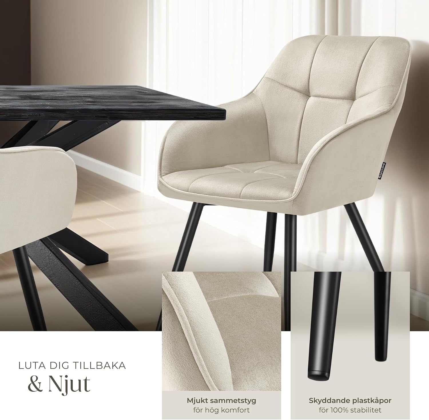 Detalle 2 de tectake Marilyn 405720 karmstol i sammetslook, quiltad sits, creme och svart