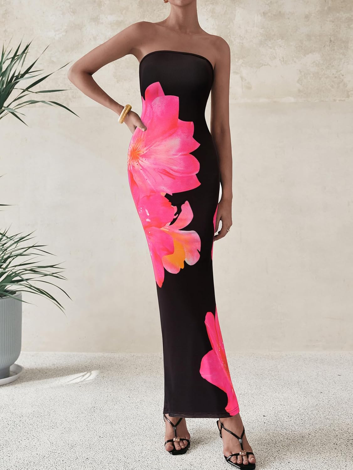 Detalle de PRETTYGARDEN Women Strapless Floral Mesh Maxi Dress with Bodycon Fit and Slit