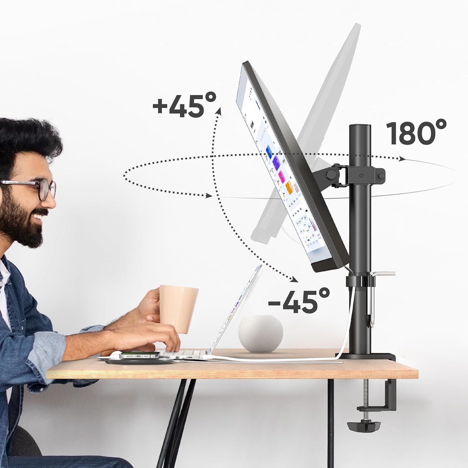 Detalle de ONKRON Supporto monitor da scrivania D101E-B, braccio 13"–34" con carico fino a 8 kg (VESA 75x75/100x100), inclinazione e rotazione