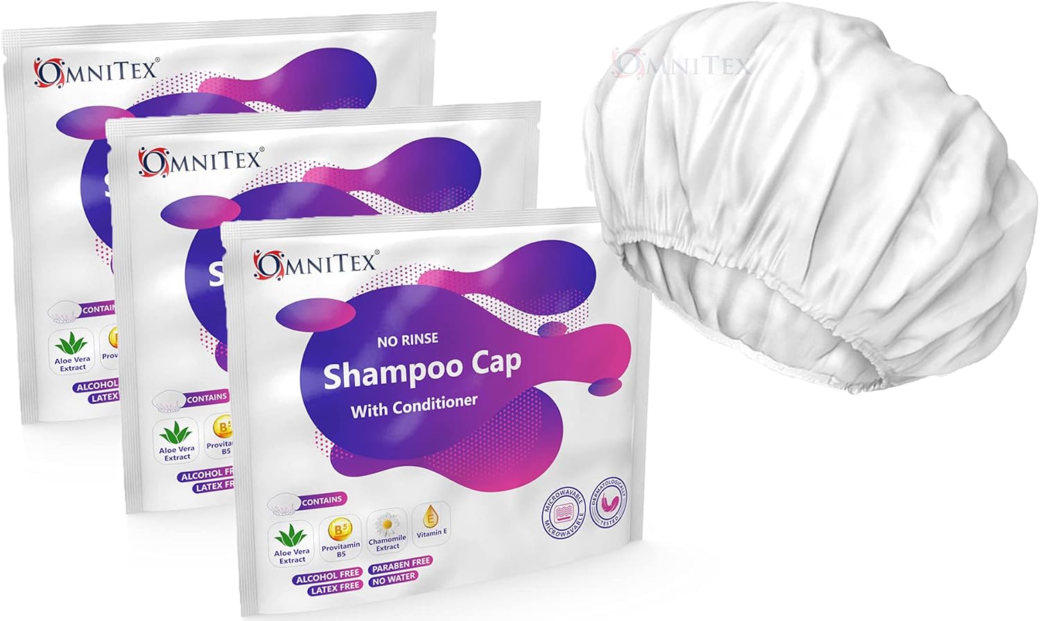 Detalle 2 de Omnitex Premium Rinse Free Shampoo Cap (with Conditioner & Vitamins) – Microwaveable, 6pk