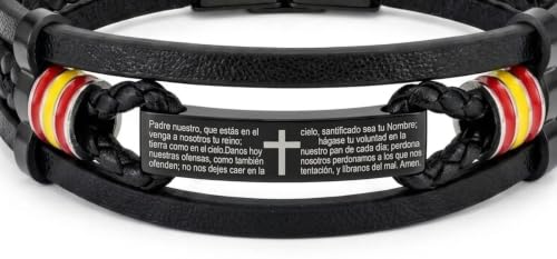 Detalle 2 de HOGALTHY Pulsera de cuero y acero inoxidable con Padre Nuestro y bandera española