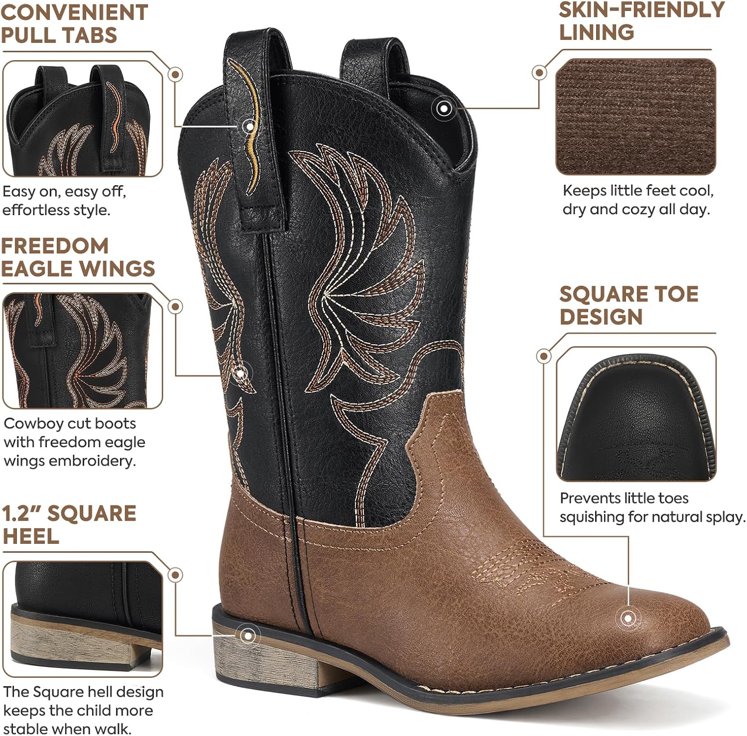 Detalle 2 de Rollda Kids Cowboy Boots with Embroidery, Square Toe and Pull Tabs