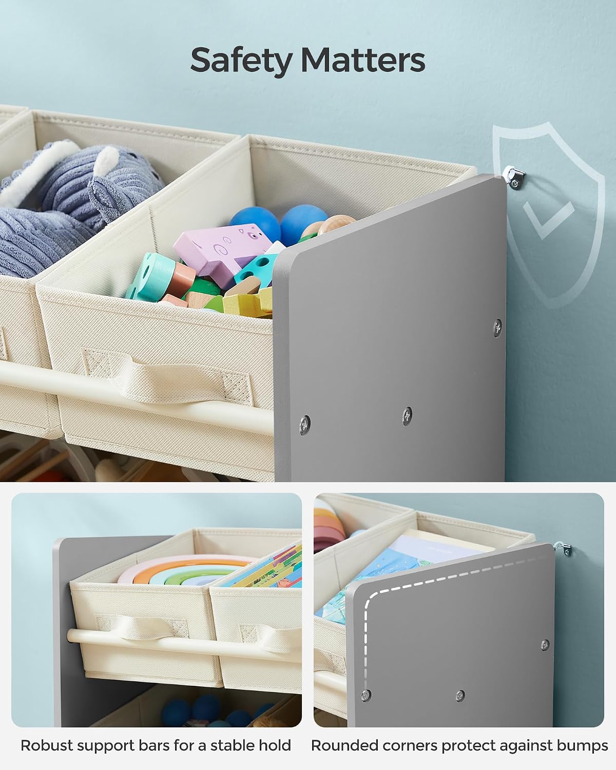 Detalle 1 de SONGMICS GKR033G10 Toy Organiser, 9 Fabric Boxes, 3-Tier, Dove Grey