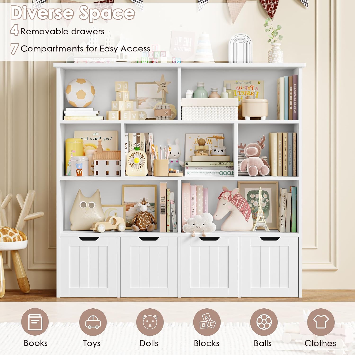 Detalle de FOREHILL P490 Toy Storage Unit with 7 Open Compartments and 4 Wheeled Drawers