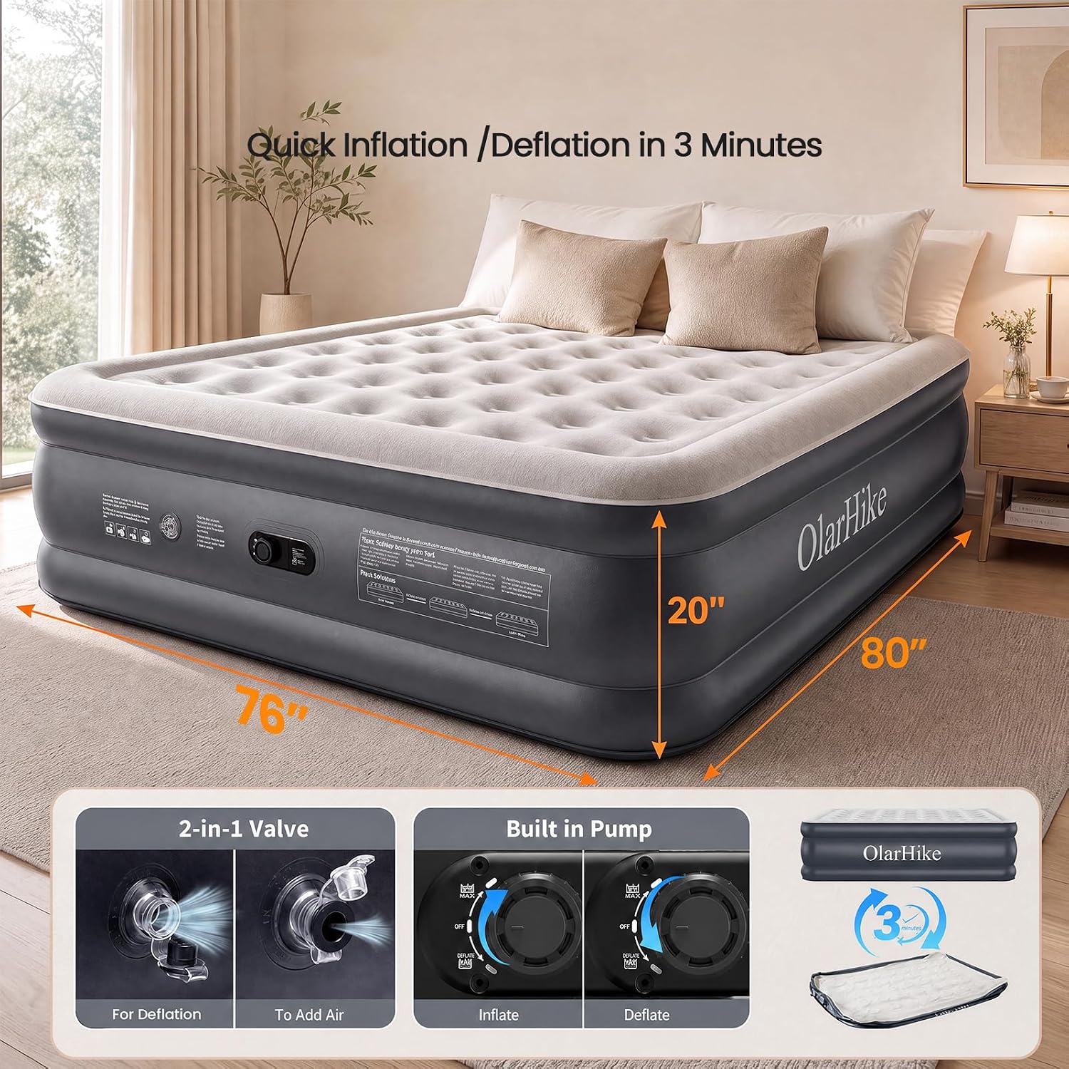 Thumbnail 6 de OlarHike AMH3 King Air Mattress, 20-Inch with Built-In Pump, 850-lb Capacity