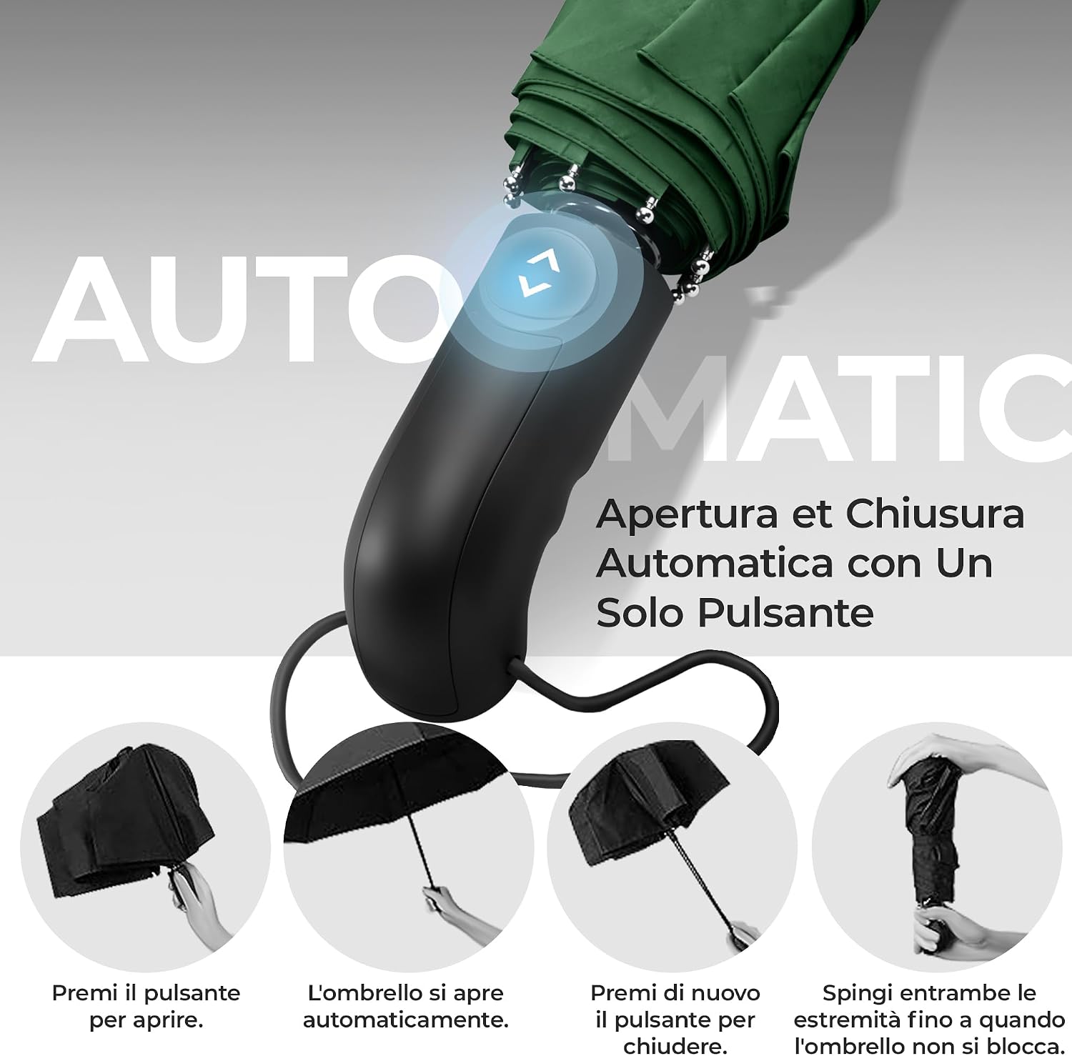 Detalle de Ombrello Pieghevole Portatile Antivento con Apertura Automatica e 9 Stecche Rinforzate – Compatto e Resistente per Viaggio e Ufficio