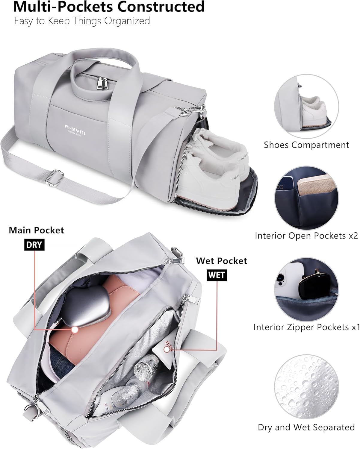 Detalle 2 de Sac de sport et de voyage 16 pouces pour femmes et enfants – 15 L avec compartiment chaussures et poche humide