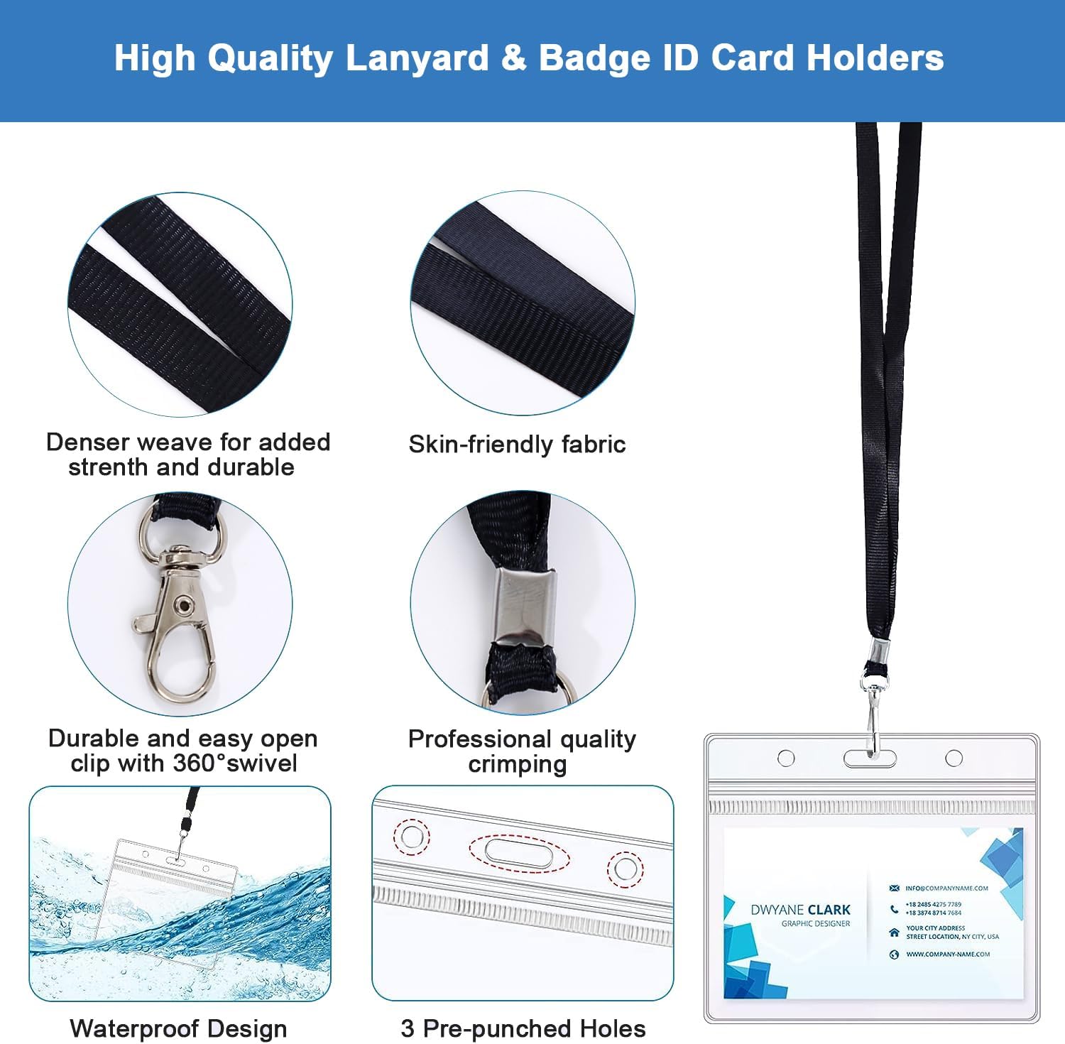 Thumbnail 3 de Black lanyards with ID holder, 50 pack